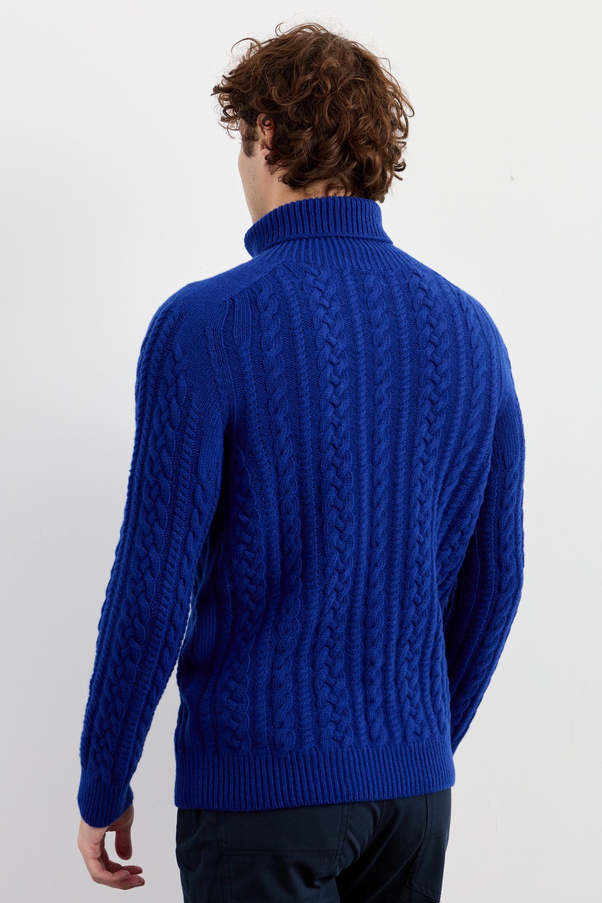 22589Erkek Balıkçı Yaka Saç Örgülü Yün Kazak K.S.Mavi