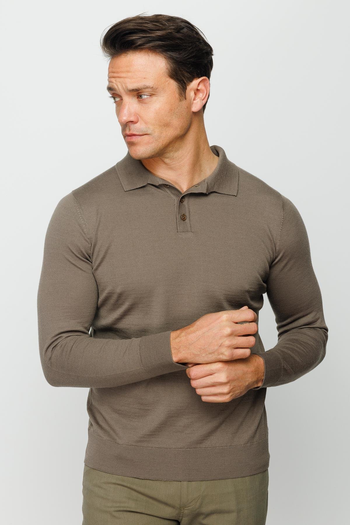 21601Erkek Basic Polo Yaka İnce Triko Kazak Vizon