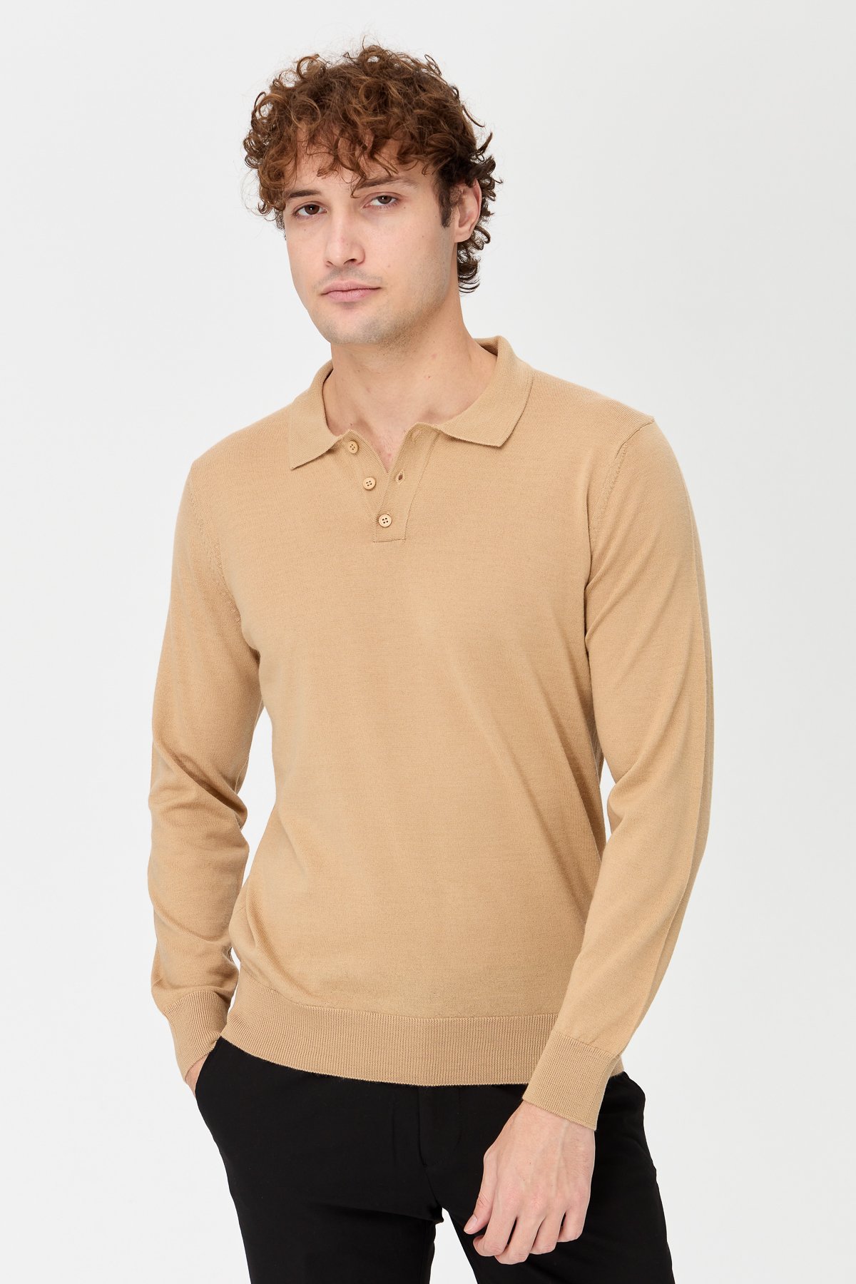 21601Erkek Basic Polo Yaka İnce Triko Kazak S.Kahve