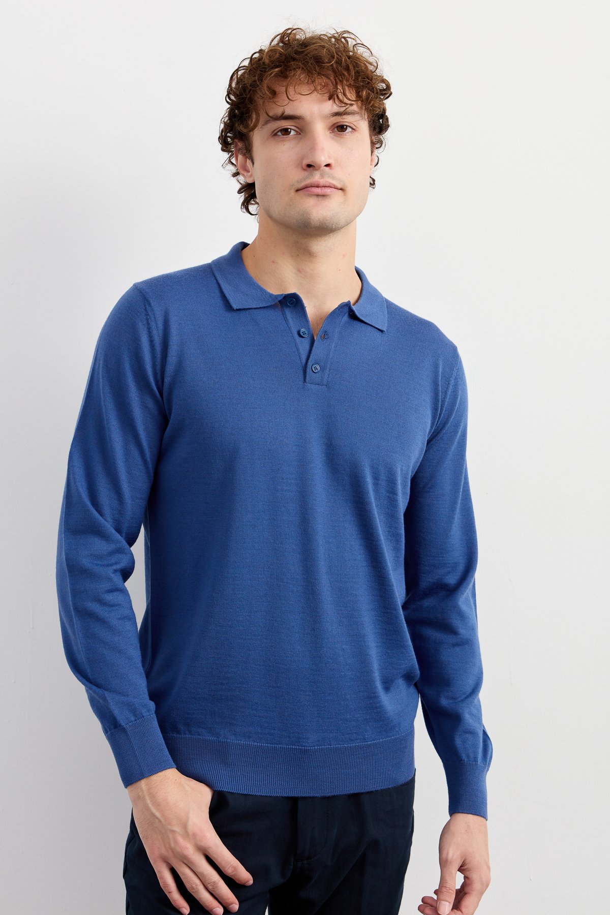 21601Erkek Basic Polo Yaka İnce Triko Kazak İndigo