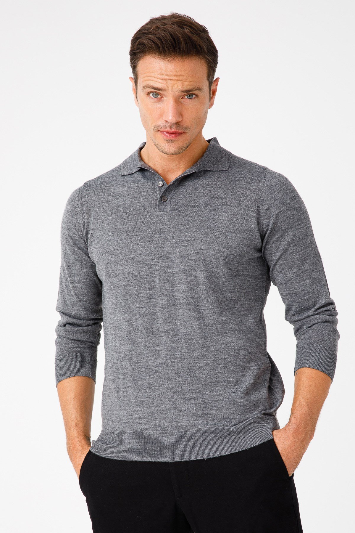 21601Erkek Basıc Polo Yaka İnce Triko Kazak Füme