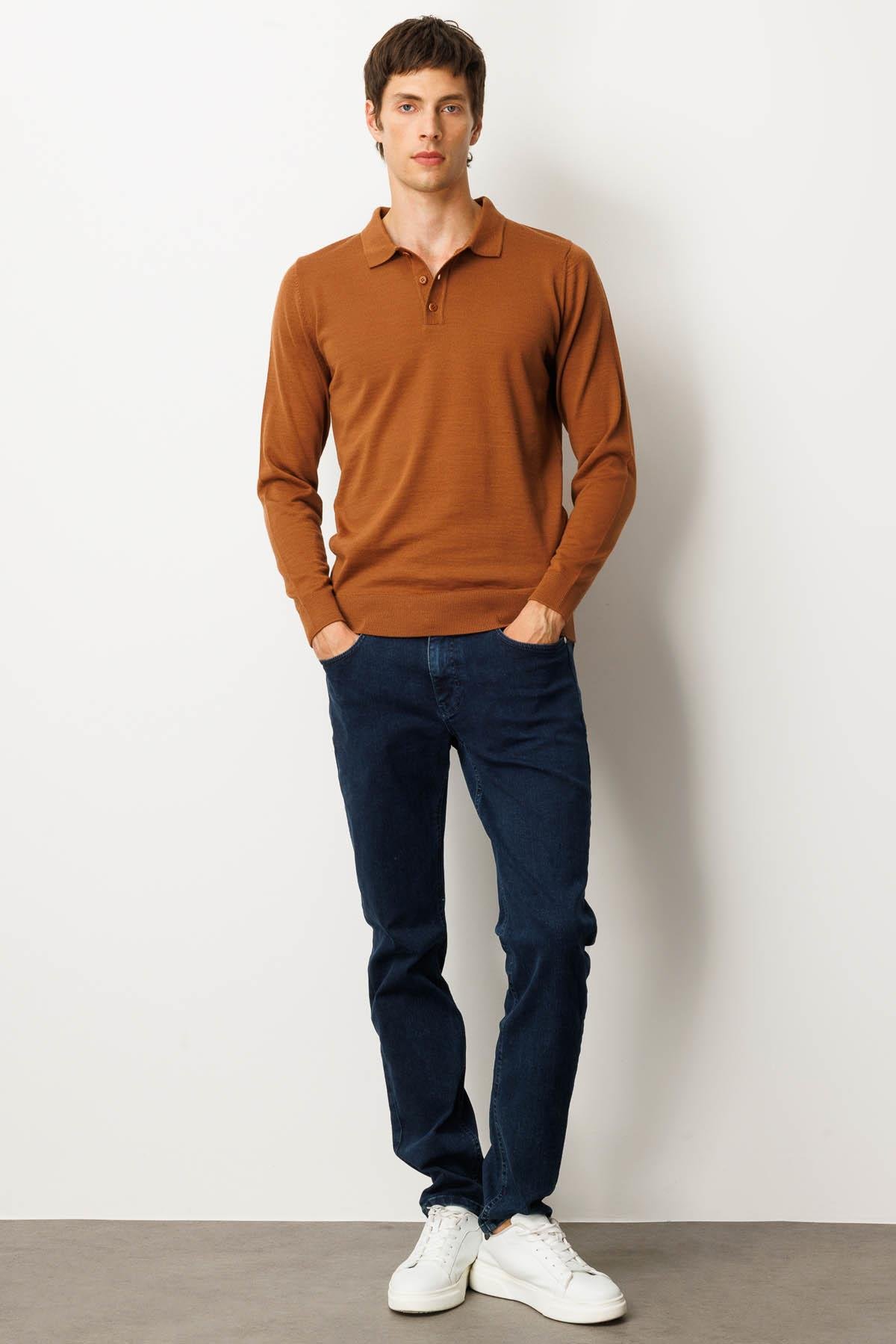 21601Erkek Basic Polo Yaka İnce Triko Kazak Taba