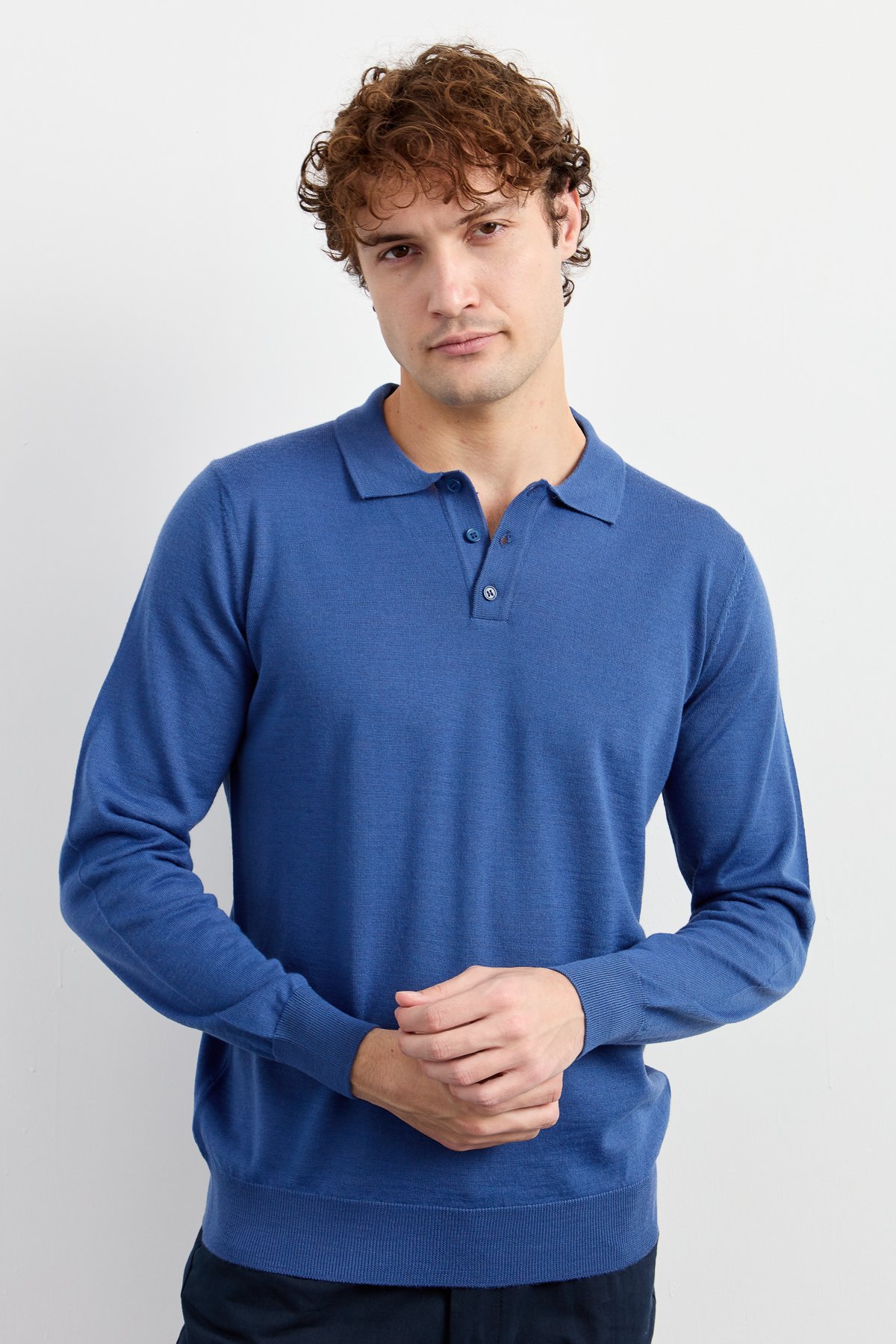 21601Erkek Basic Polo Yaka İnce Triko Kazak İndigo