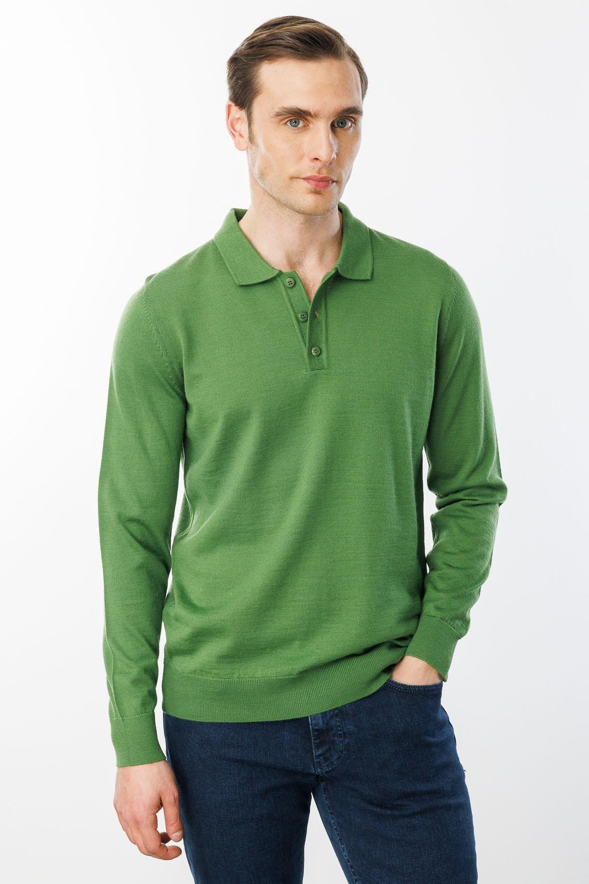 21601Erkek Basic Polo Yaka İnce Triko Kazak K.Yosun