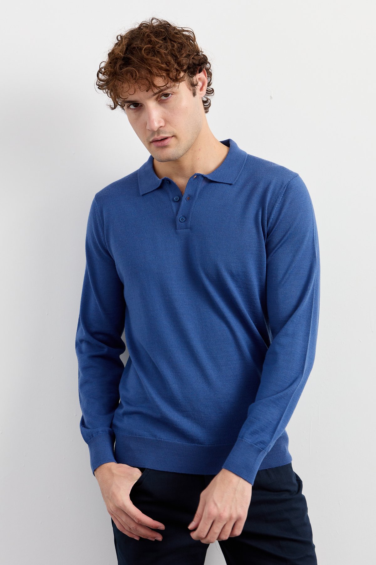 21601Erkek Basic Polo Yaka İnce Triko Kazak İndigo