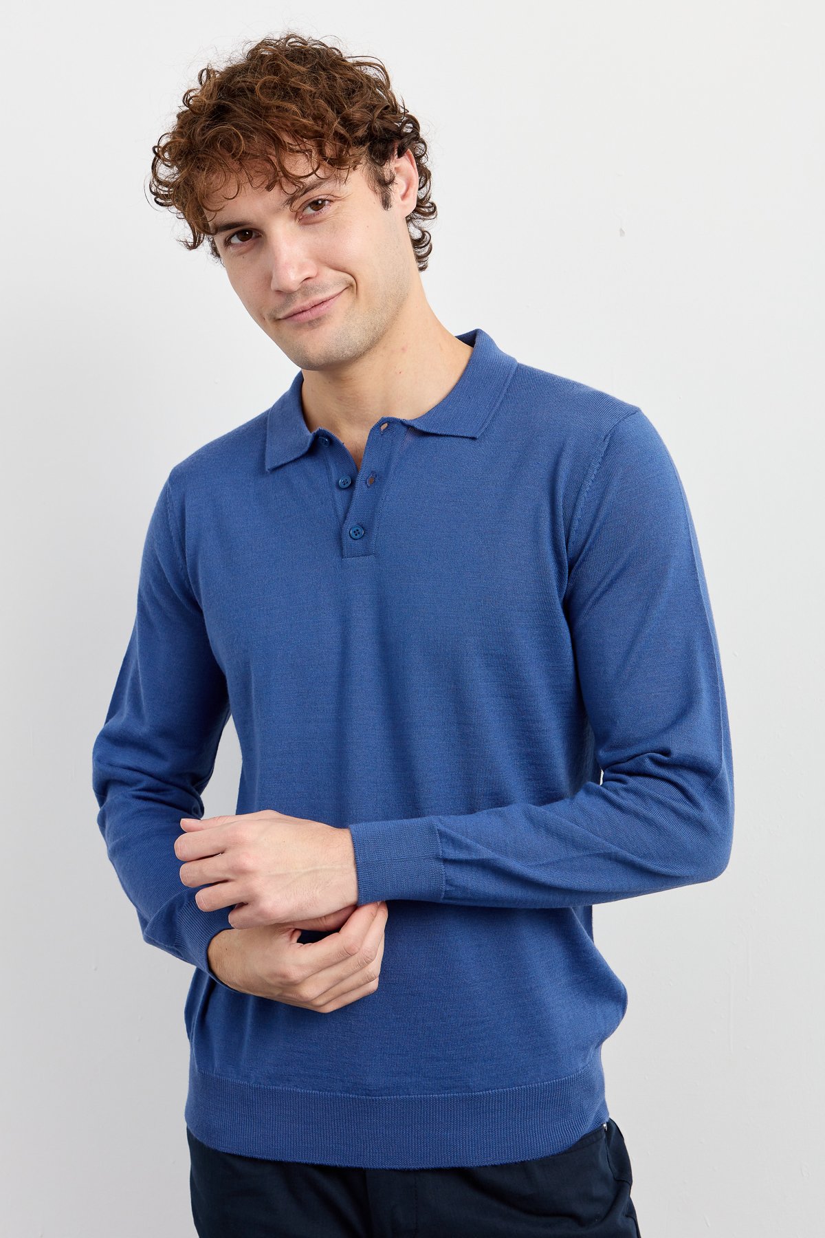 21601Erkek Basic Polo Yaka İnce Triko Kazak İndigo