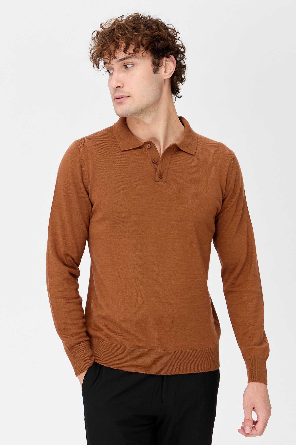 21601Erkek Basic Polo Yaka İnce Triko Kazak K.taba