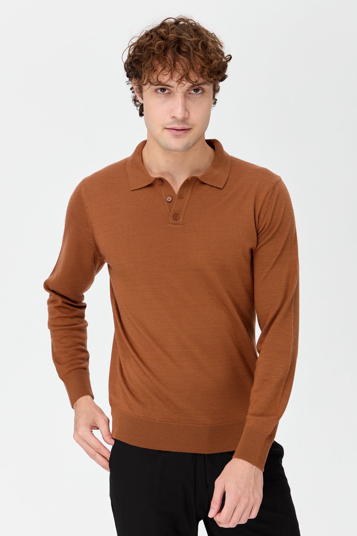 21601Erkek Basic Polo Yaka İnce Triko Kazak K.taba