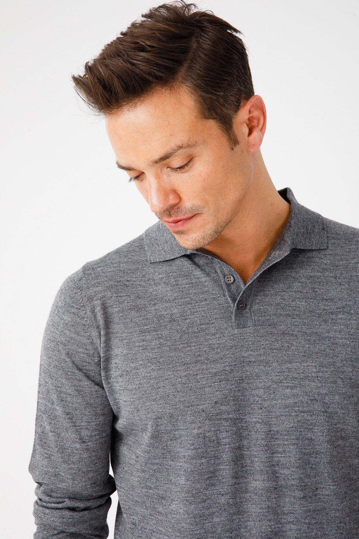 21601Erkek Basıc Polo Yaka İnce Triko Kazak Füme