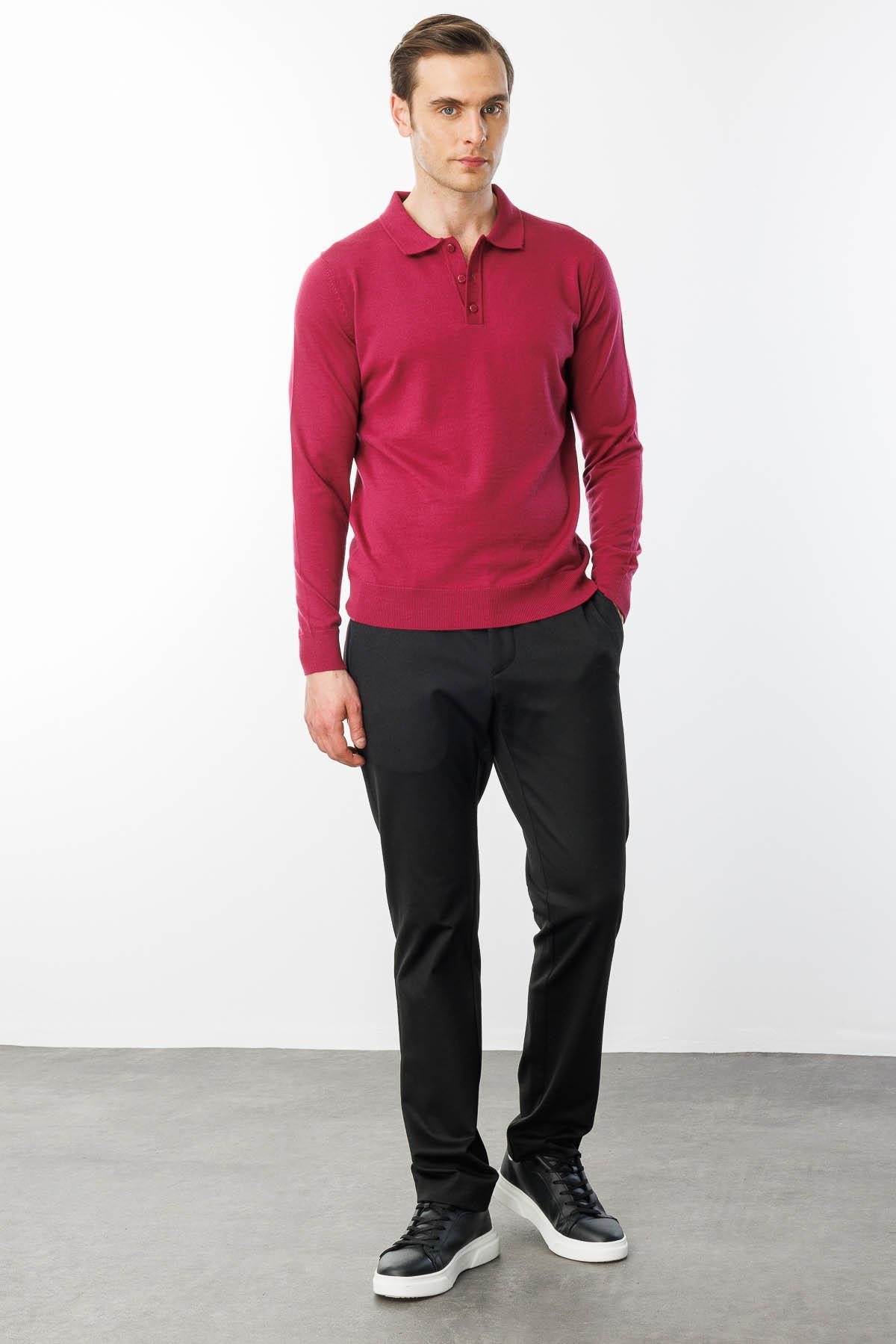 21601Erkek Basic Polo Yaka İnce Triko Kazak Sıklamen