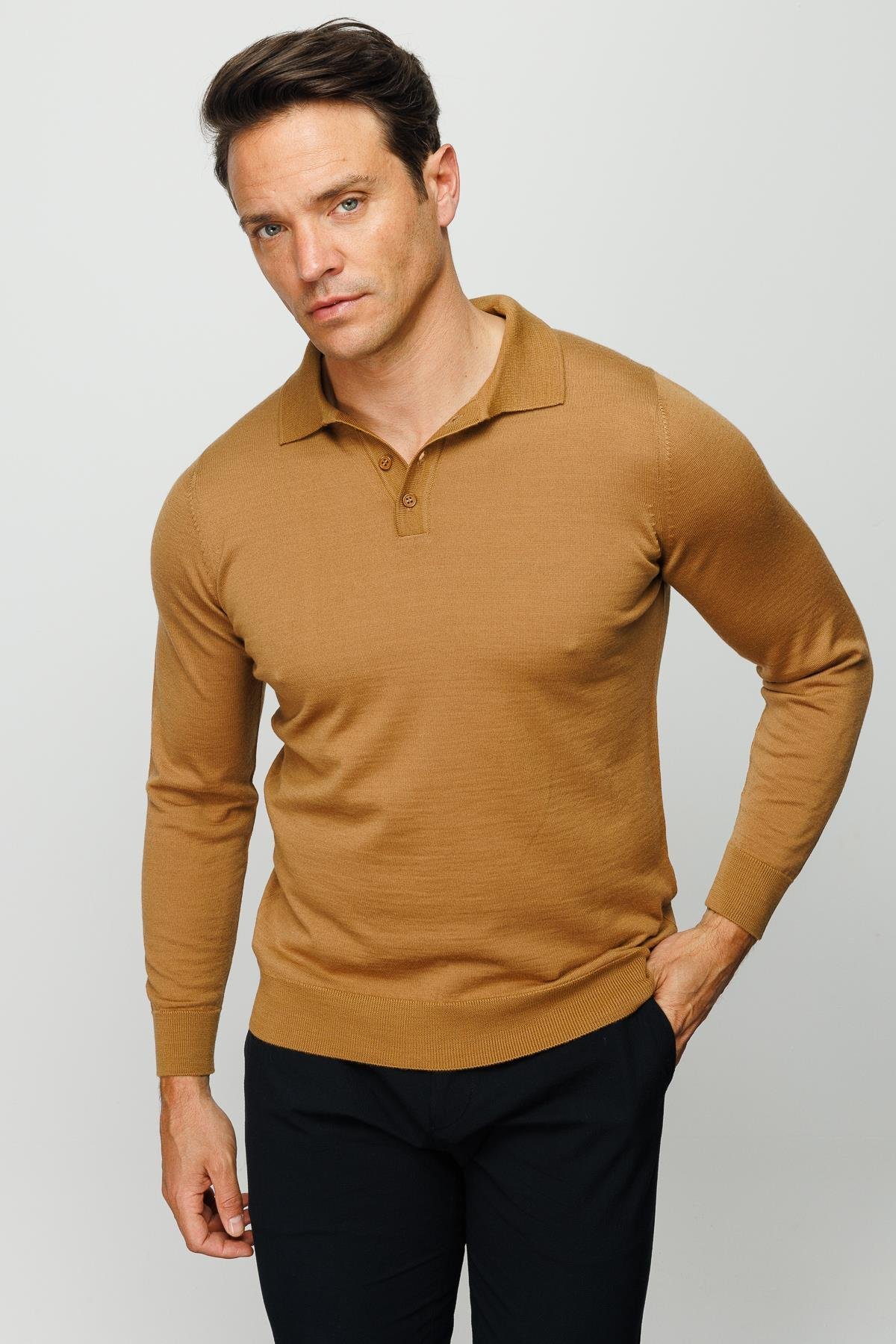 21601Мужской базовый трикотажный свитер с воротником-поло цвет Camel