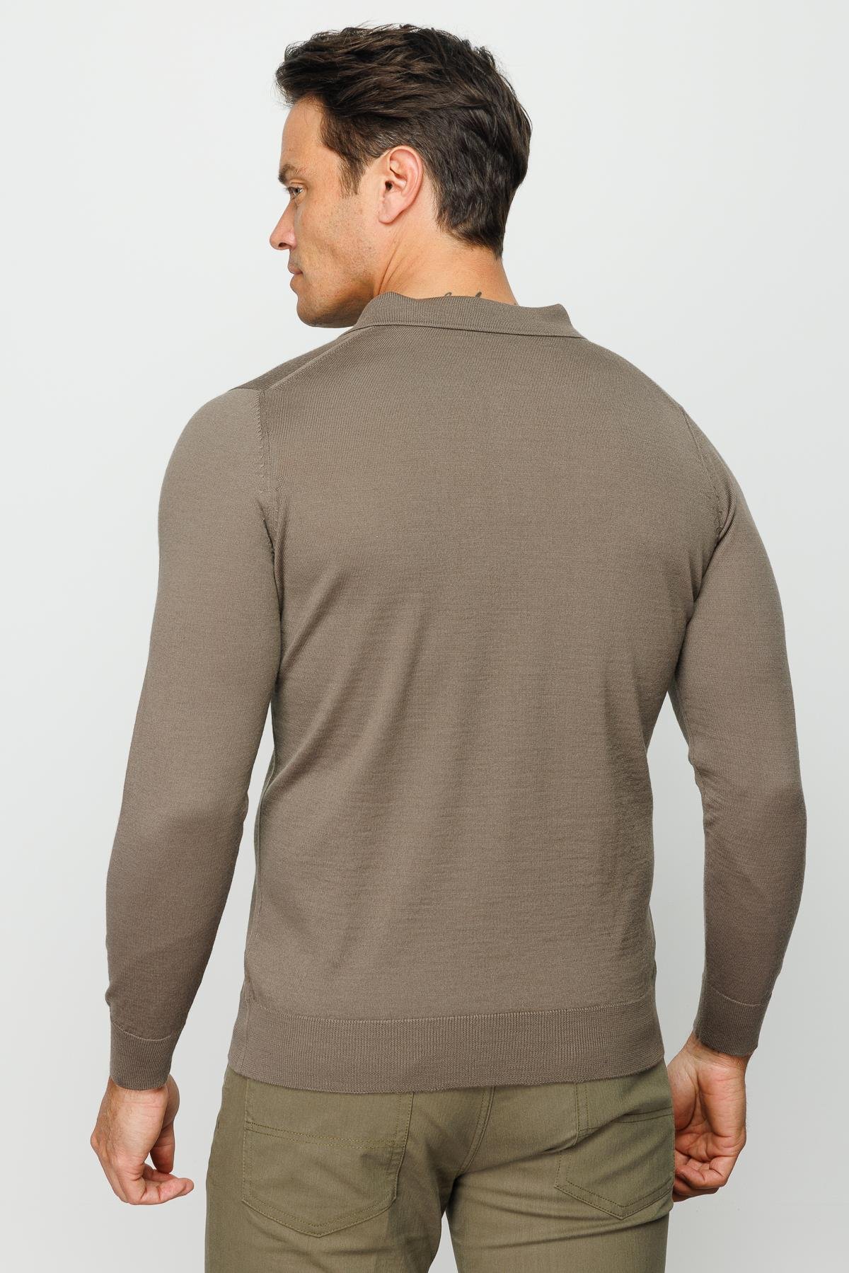 21601Erkek Basic Polo Yaka İnce Triko Kazak Vizon