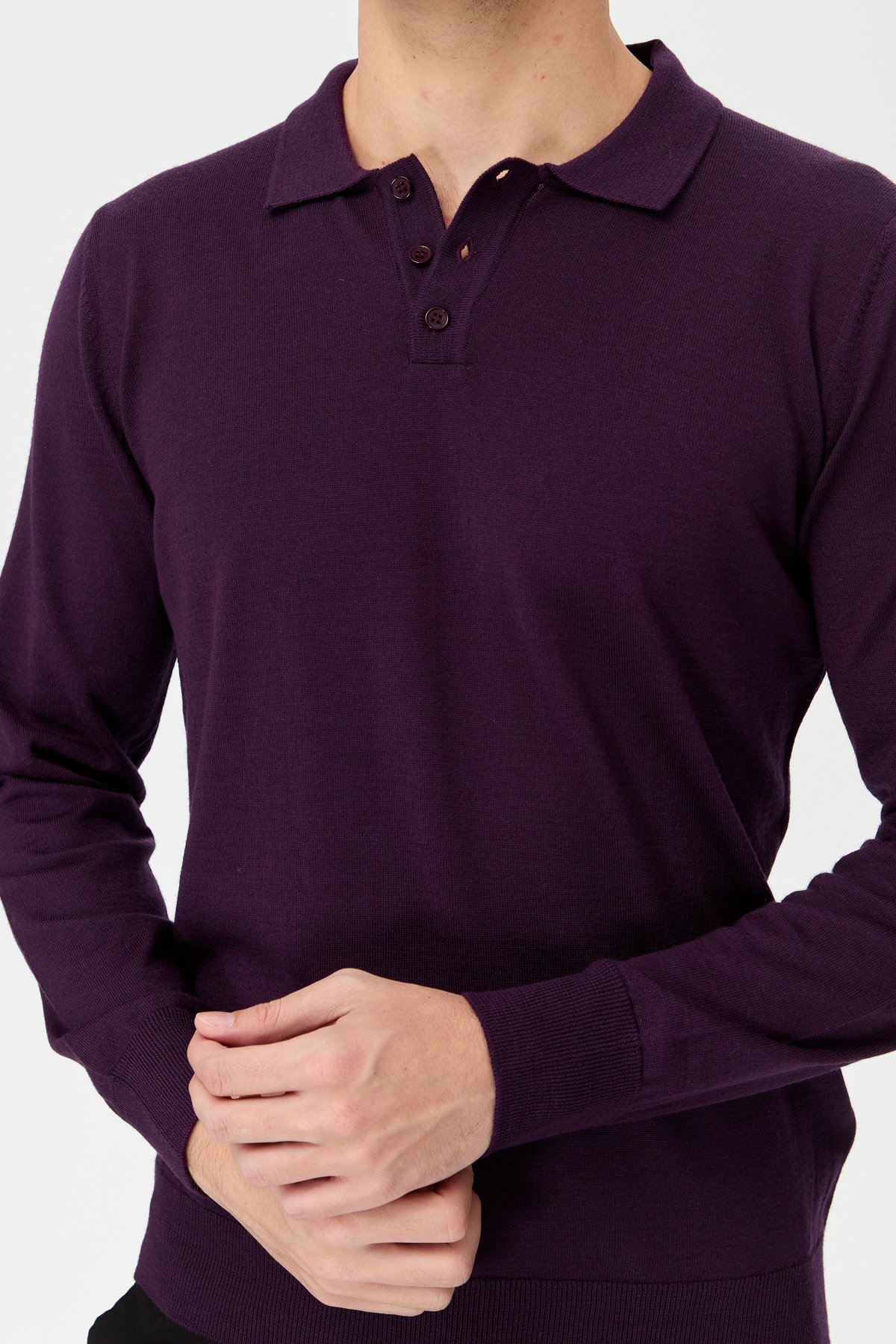 21601Erkek Basic Polo Yaka İnce Triko Kazak K.Mor