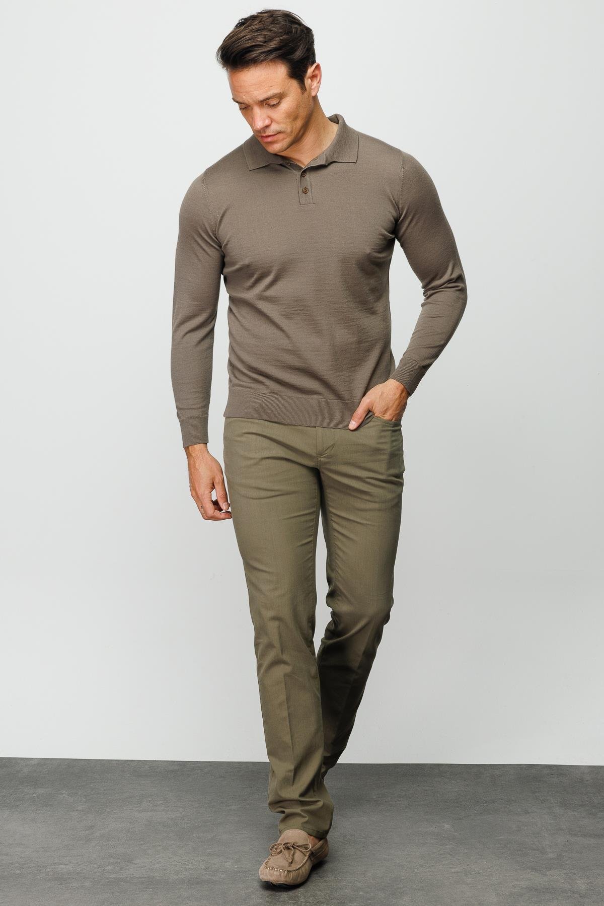 21601Erkek Basic Polo Yaka İnce Triko Kazak Vizon