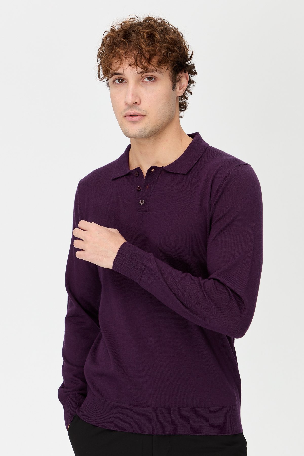 21601Erkek Basic Polo Yaka İnce Triko Kazak K.Mor