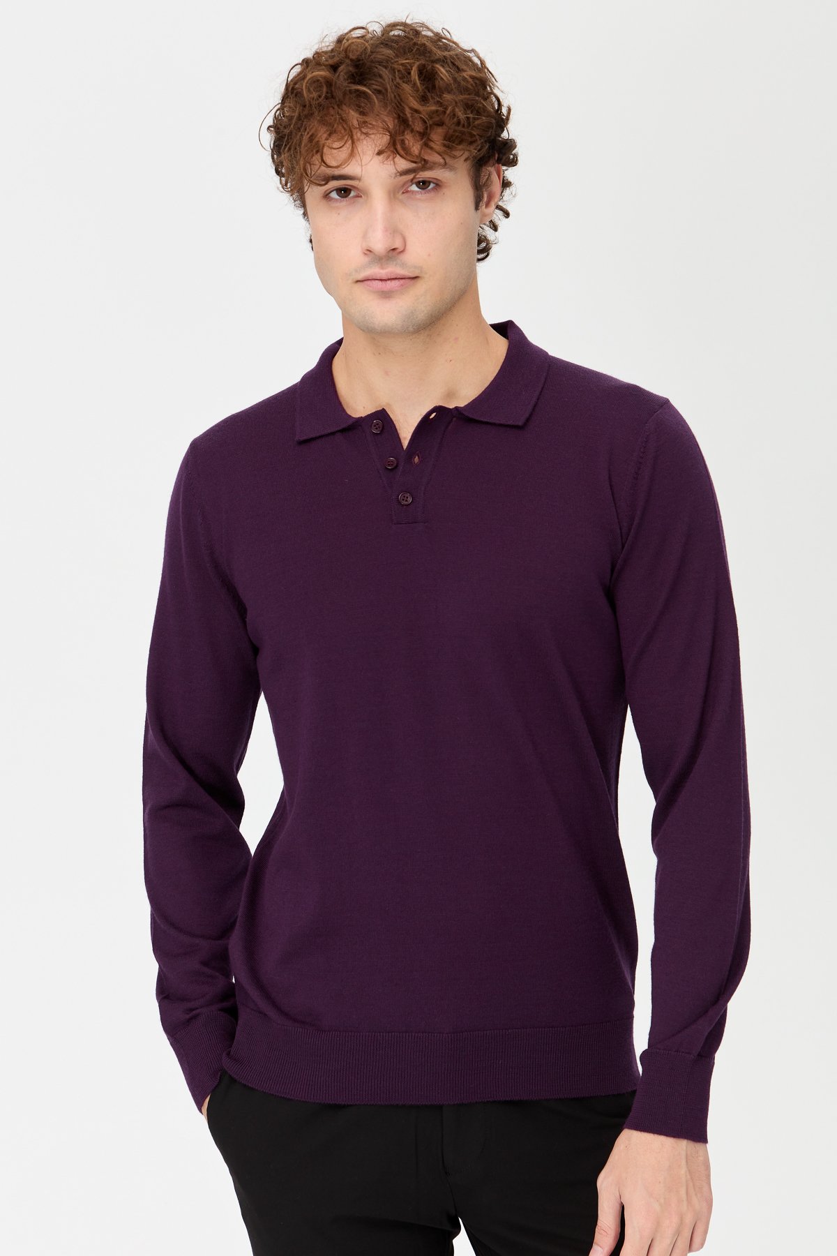 21601Erkek Basic Polo Yaka İnce Triko Kazak K.Mor