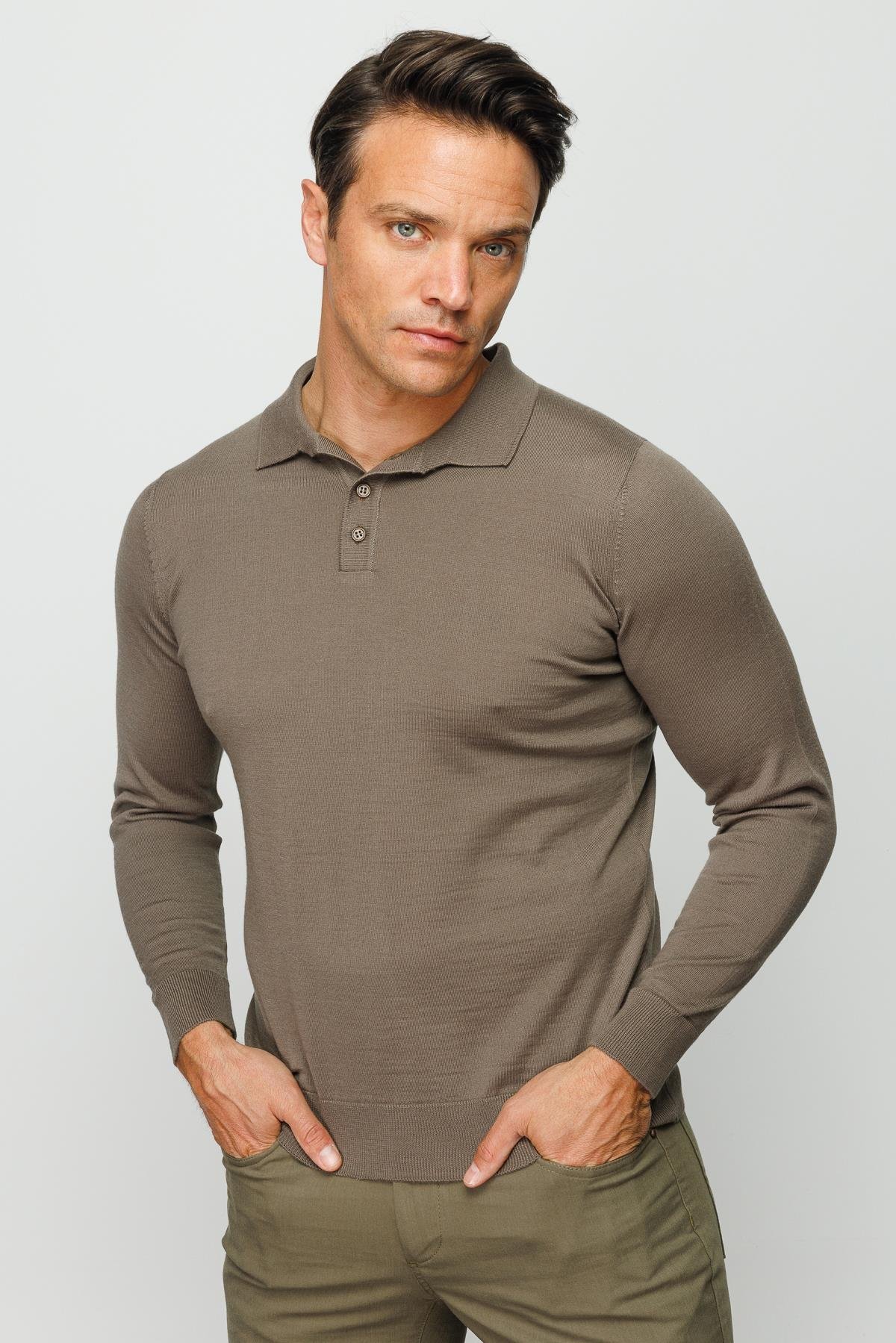 21601Erkek Basic Polo Yaka İnce Triko Kazak Vizon