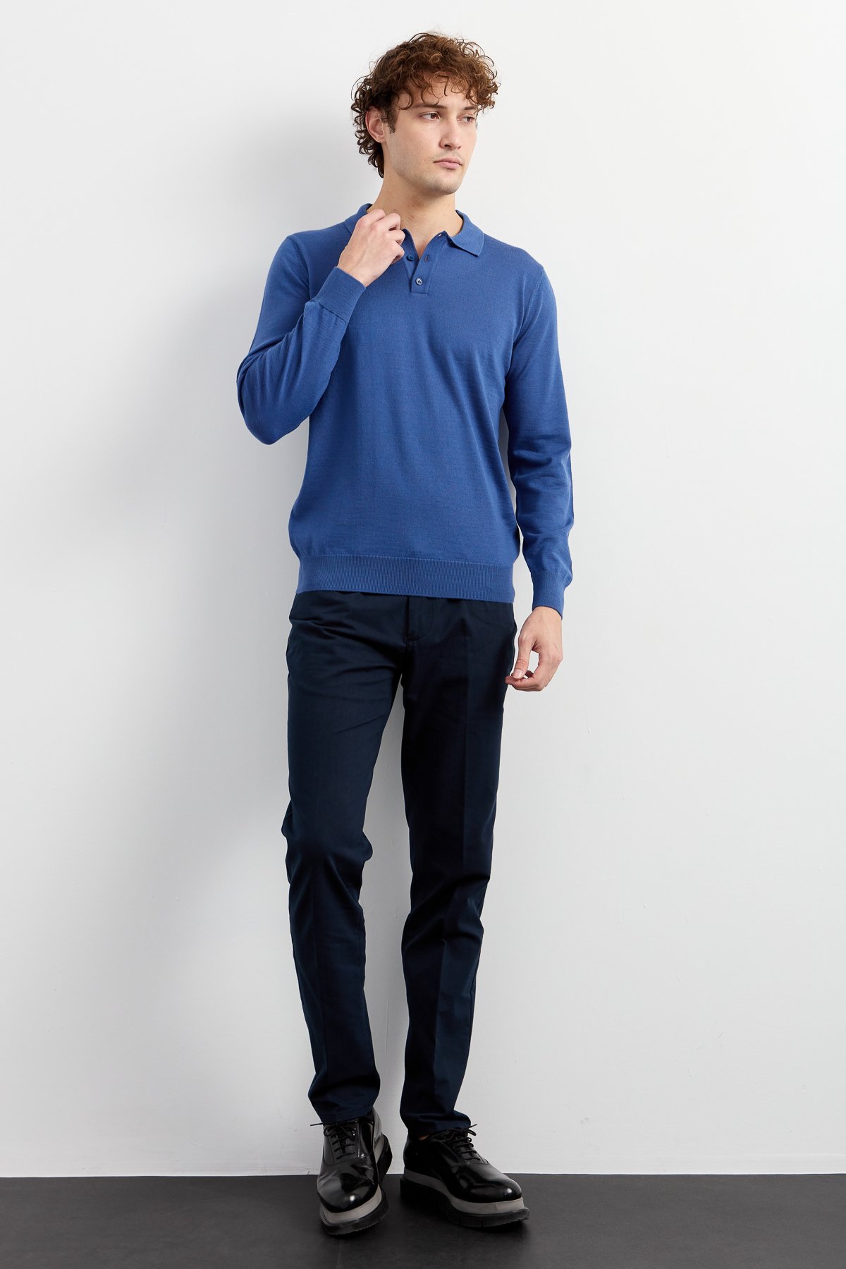 21601Erkek Basic Polo Yaka İnce Triko Kazak İndigo