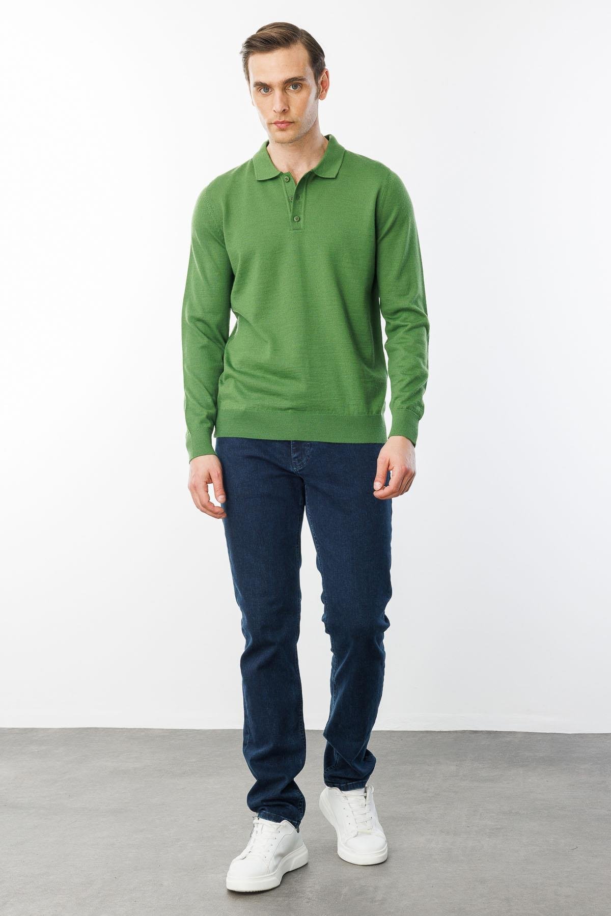 21601Erkek Basic Polo Yaka İnce Triko Kazak K.Yosun