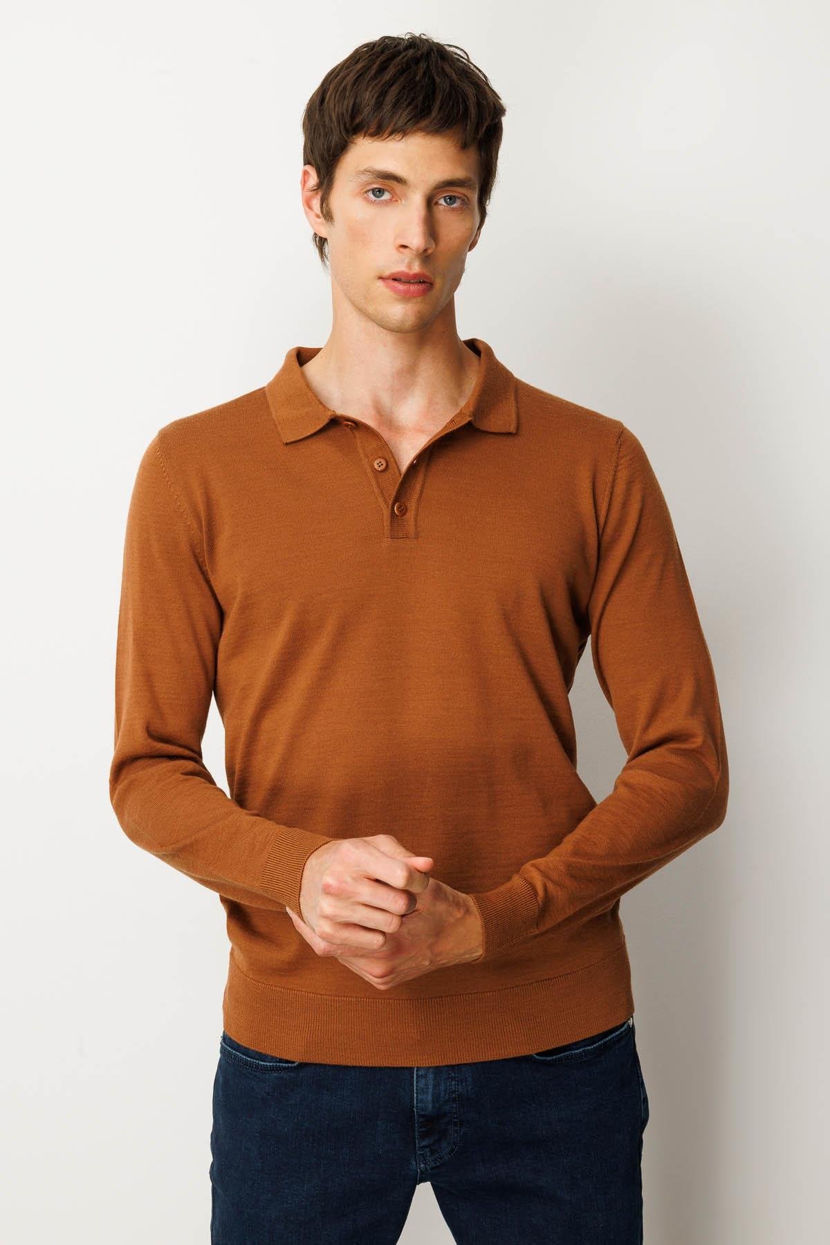 21601Erkek Basic Polo Yaka İnce Triko Kazak Taba