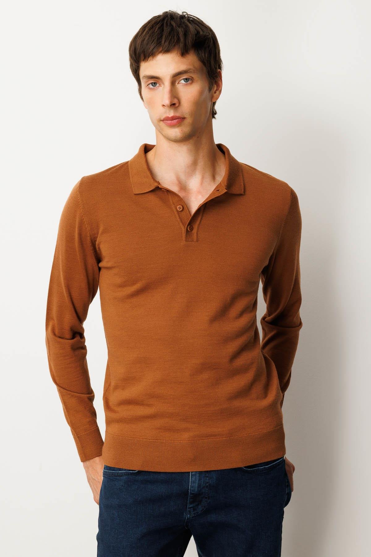 21601Erkek Basic Polo Yaka İnce Triko Kazak Taba