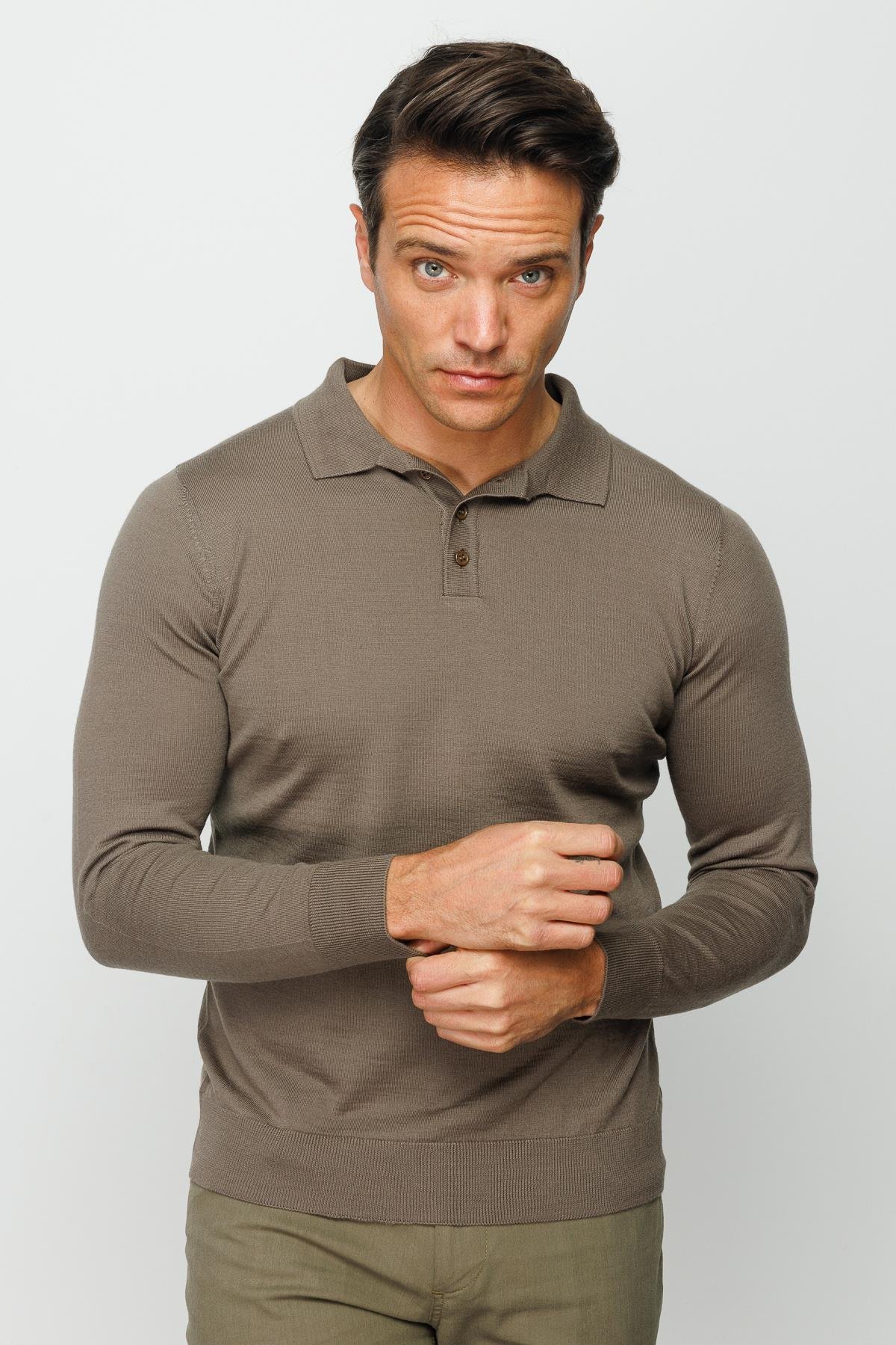 21601Erkek Basic Polo Yaka İnce Triko Kazak Vizon