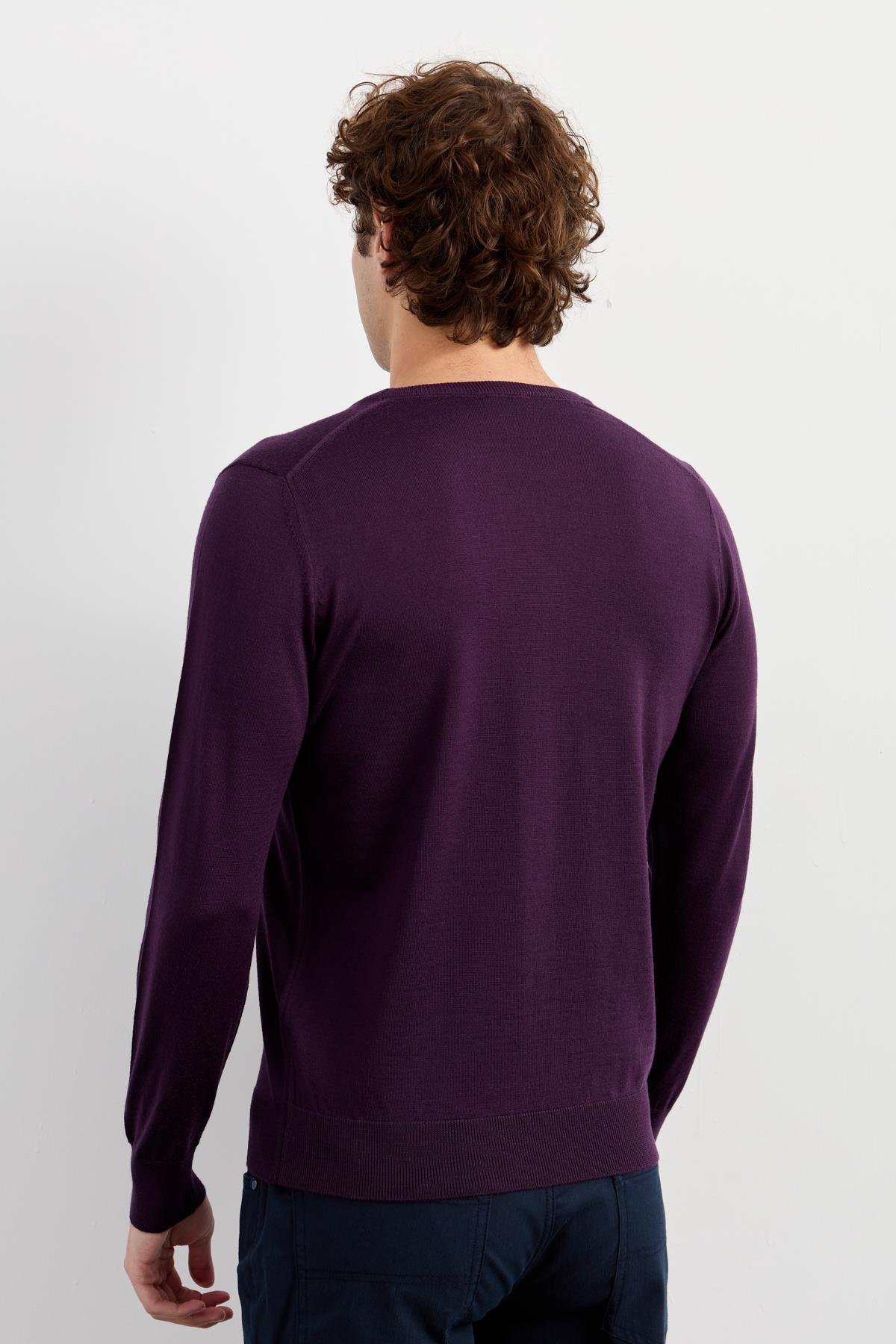 21603Erkek Basic Sıfır Yaka İnce Triko Kazak K.Mor