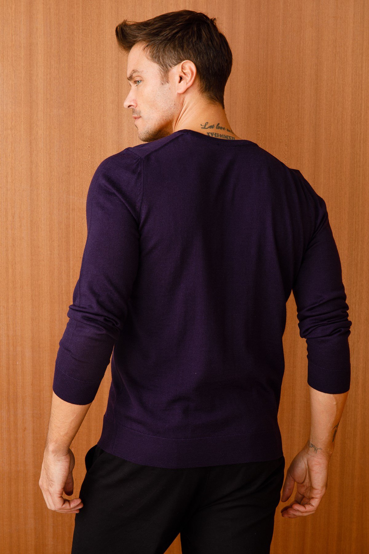 21603Erkek Basıc Sıfır Yaka İnce Triko Kazak K.Mor