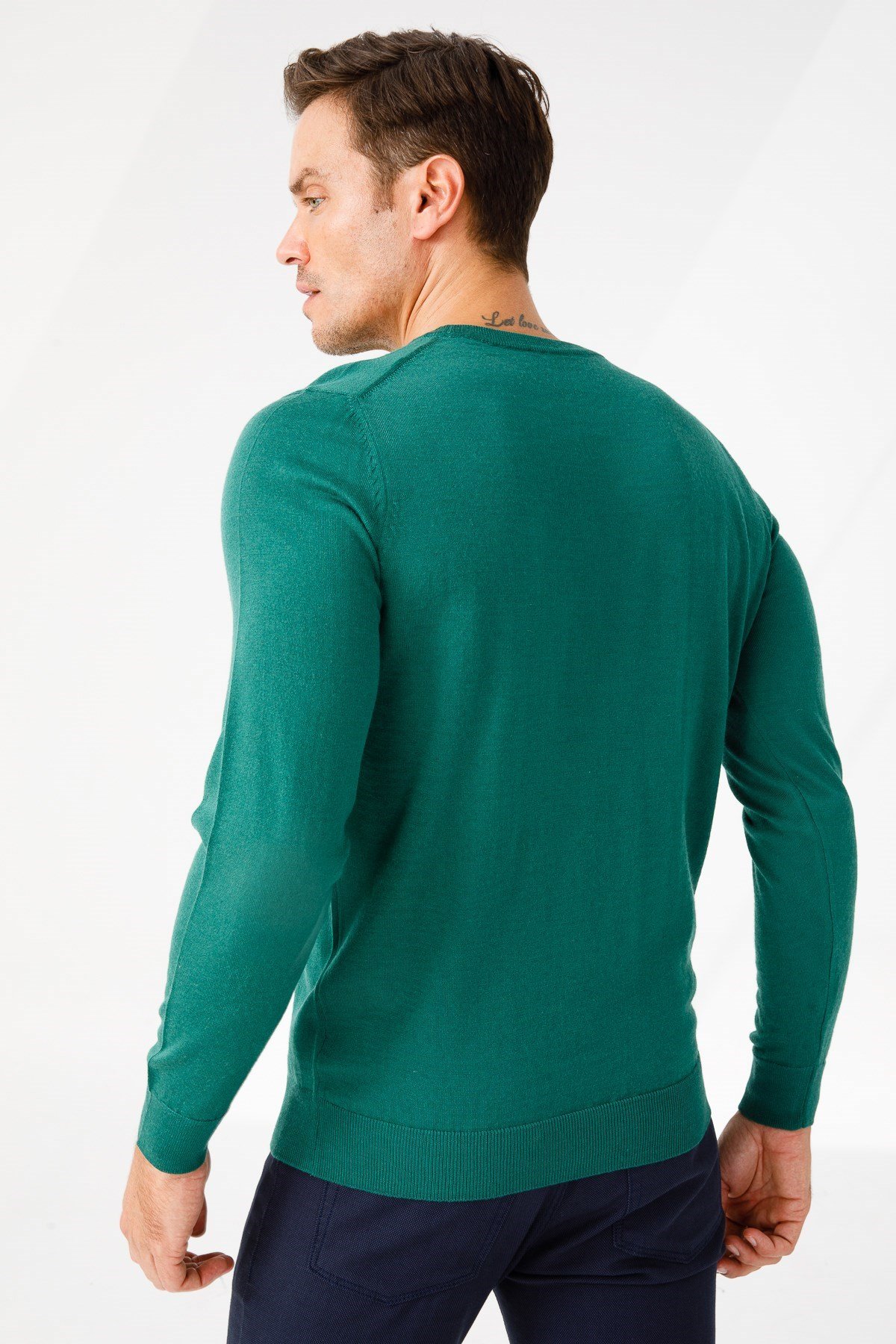 21603Erkek Basic Sıfır Yaka İnce Triko Kazak Ördek Yeşil