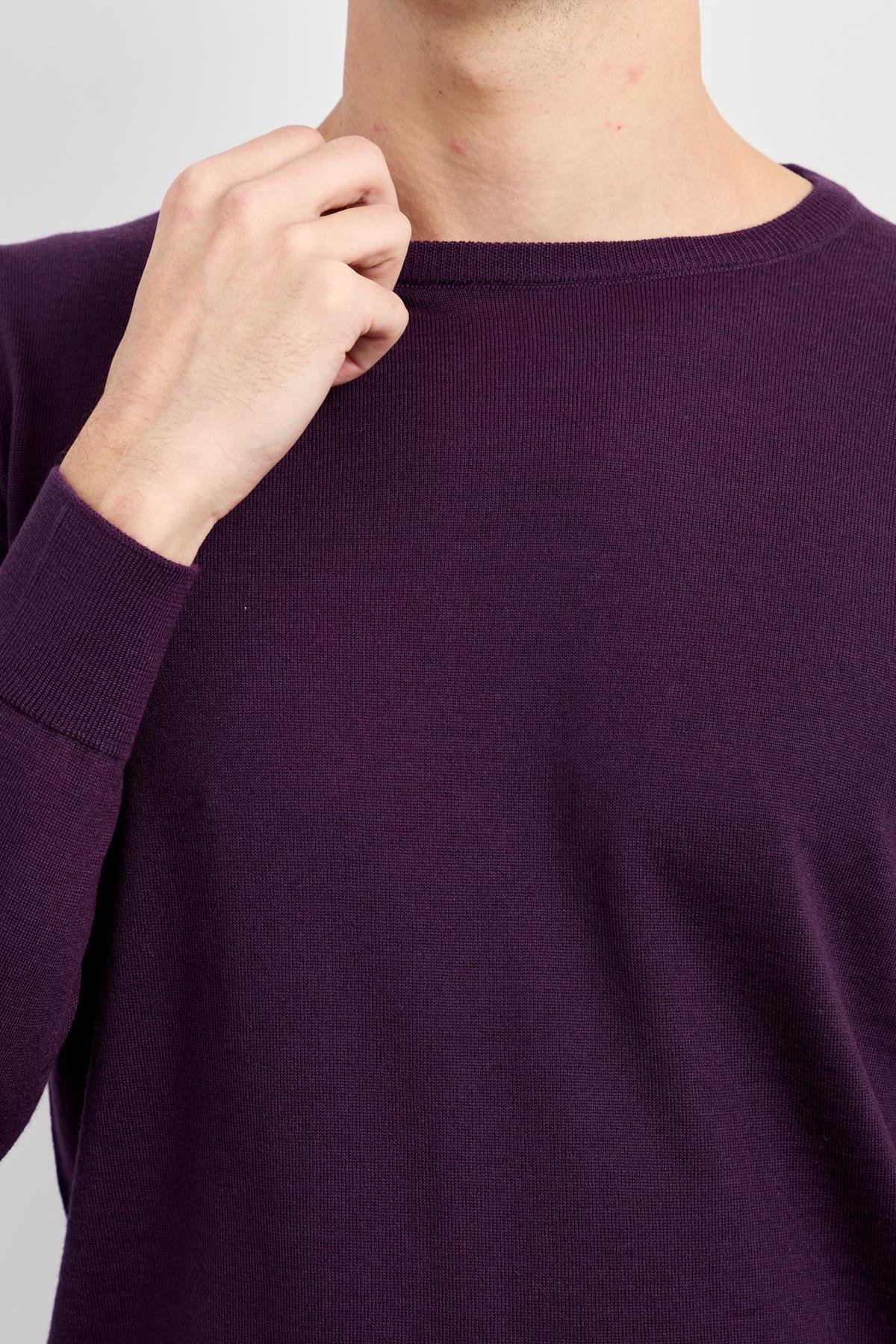 21603Erkek Basic Sıfır Yaka İnce Triko Kazak K.Mor