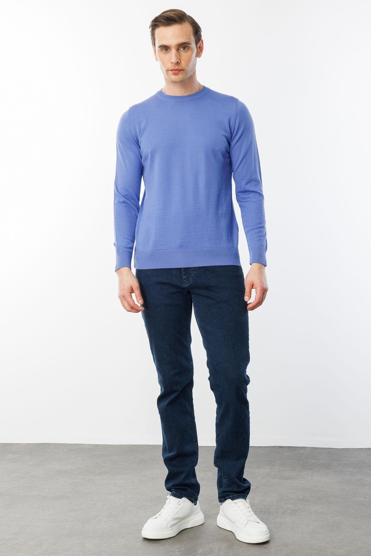 21603Erkek Basic Sıfır Yaka İnce Triko Kazak Eflatun