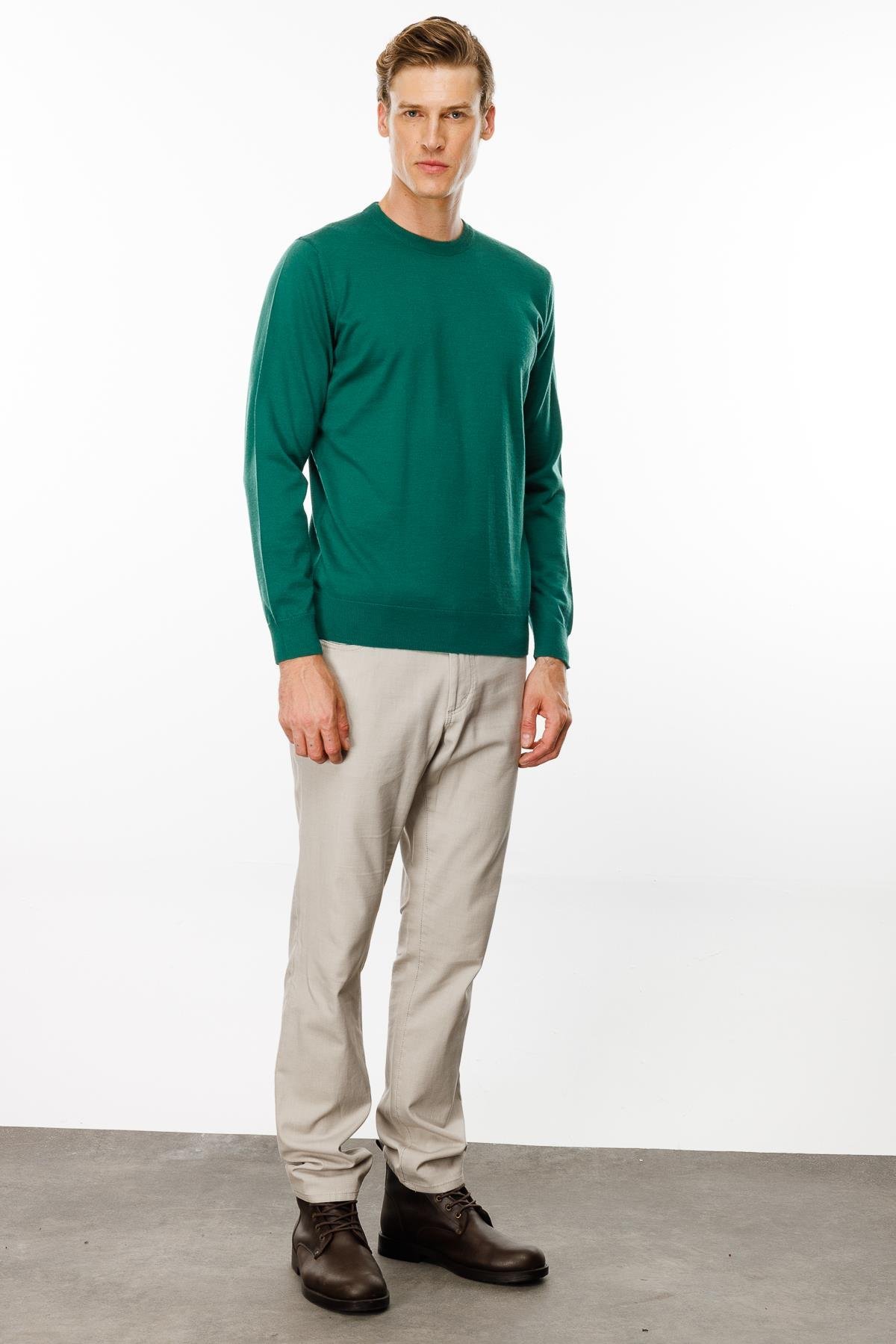 21603Erkek Basic Sıfır Yaka İnce Triko Kazak Ördek Yeşil