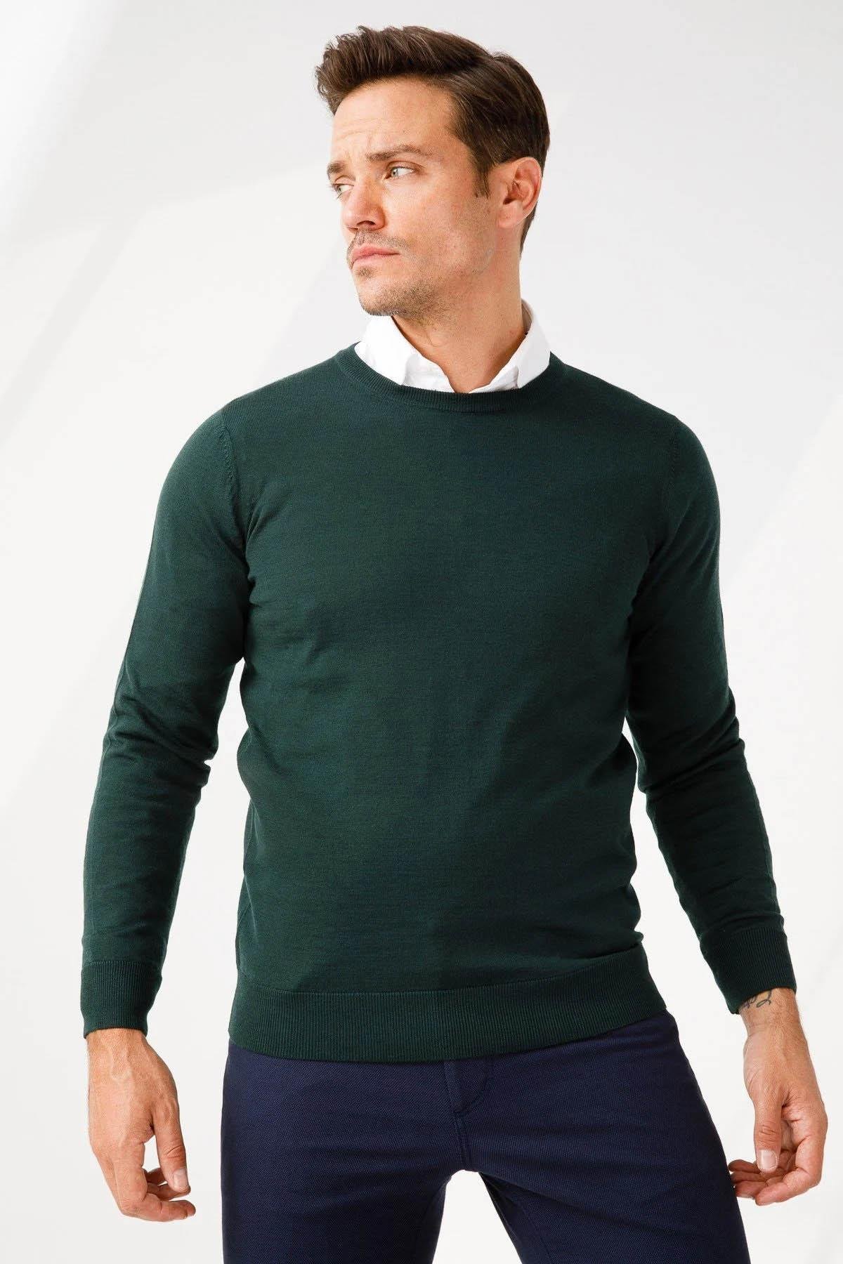21603Erkek Basic Sıfır Yaka İnce Triko Kazak Yeşil