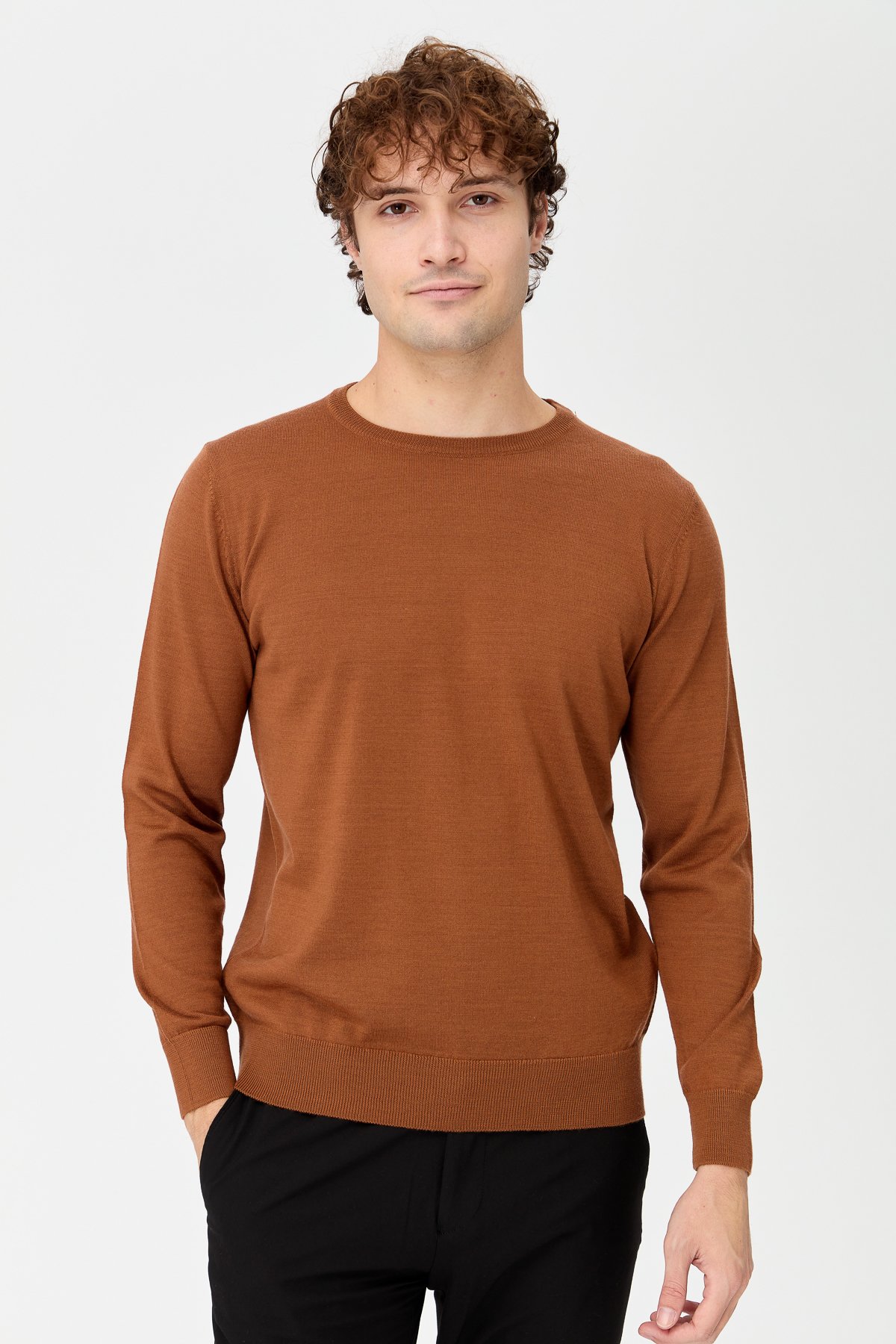 21603Erkek Basic Sıfır Yaka İnce Triko Kazak K.taba