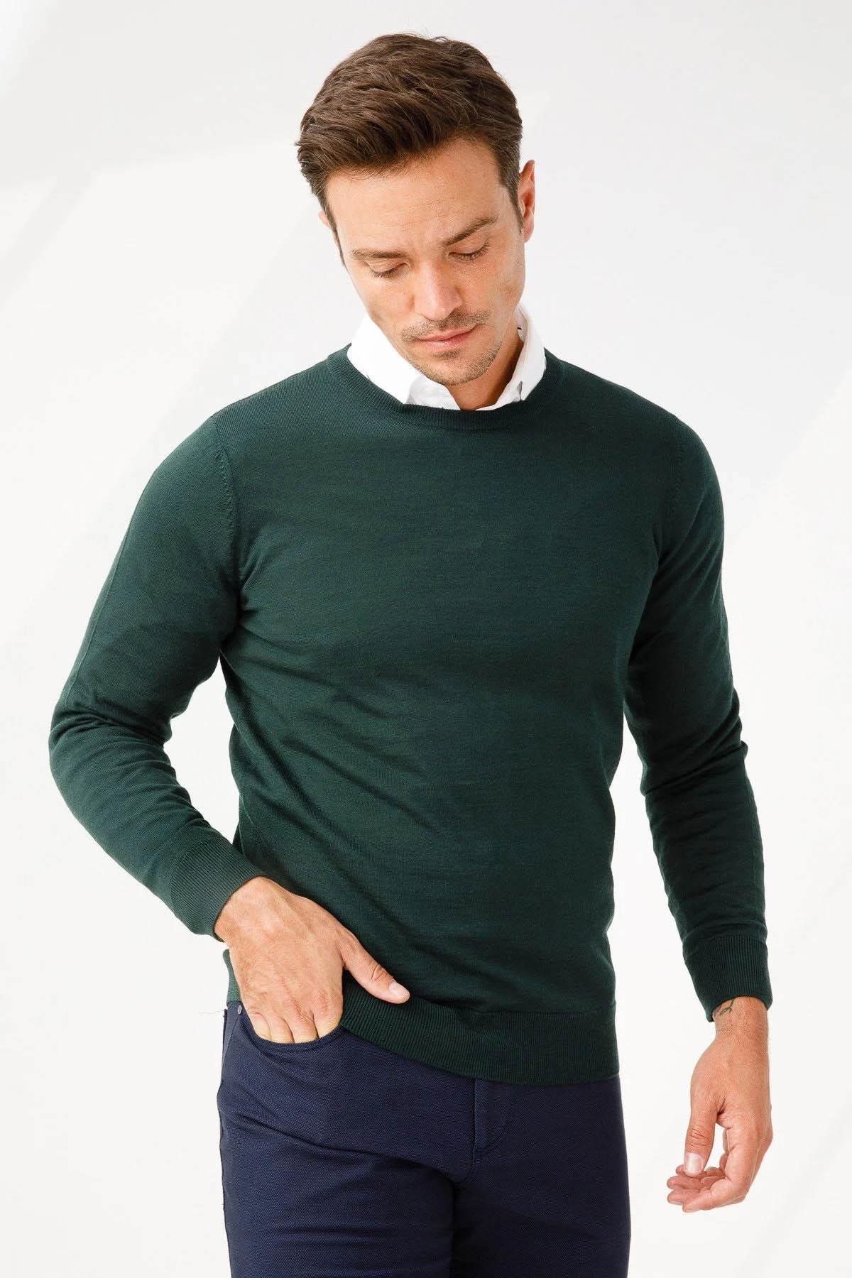 21603Erkek Basic Sıfır Yaka İnce Triko Kazak Yeşil