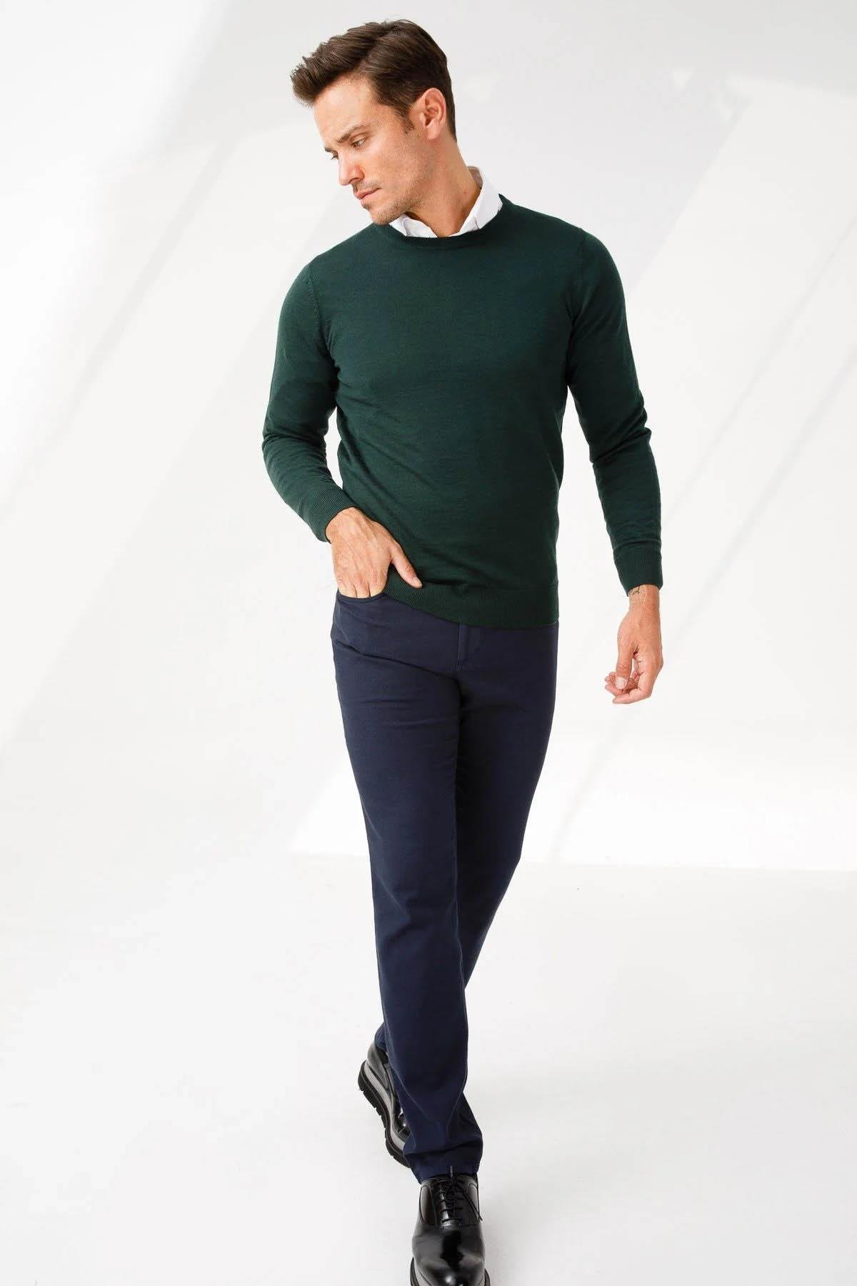 21603Erkek Basic Sıfır Yaka İnce Triko Kazak Yeşil