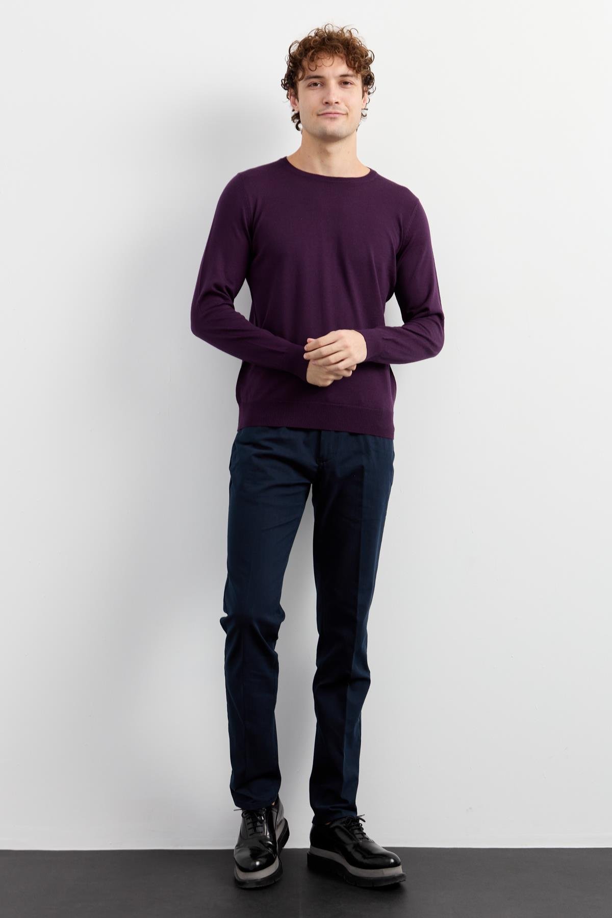 21603Erkek Basic Sıfır Yaka İnce Triko Kazak K.Mor