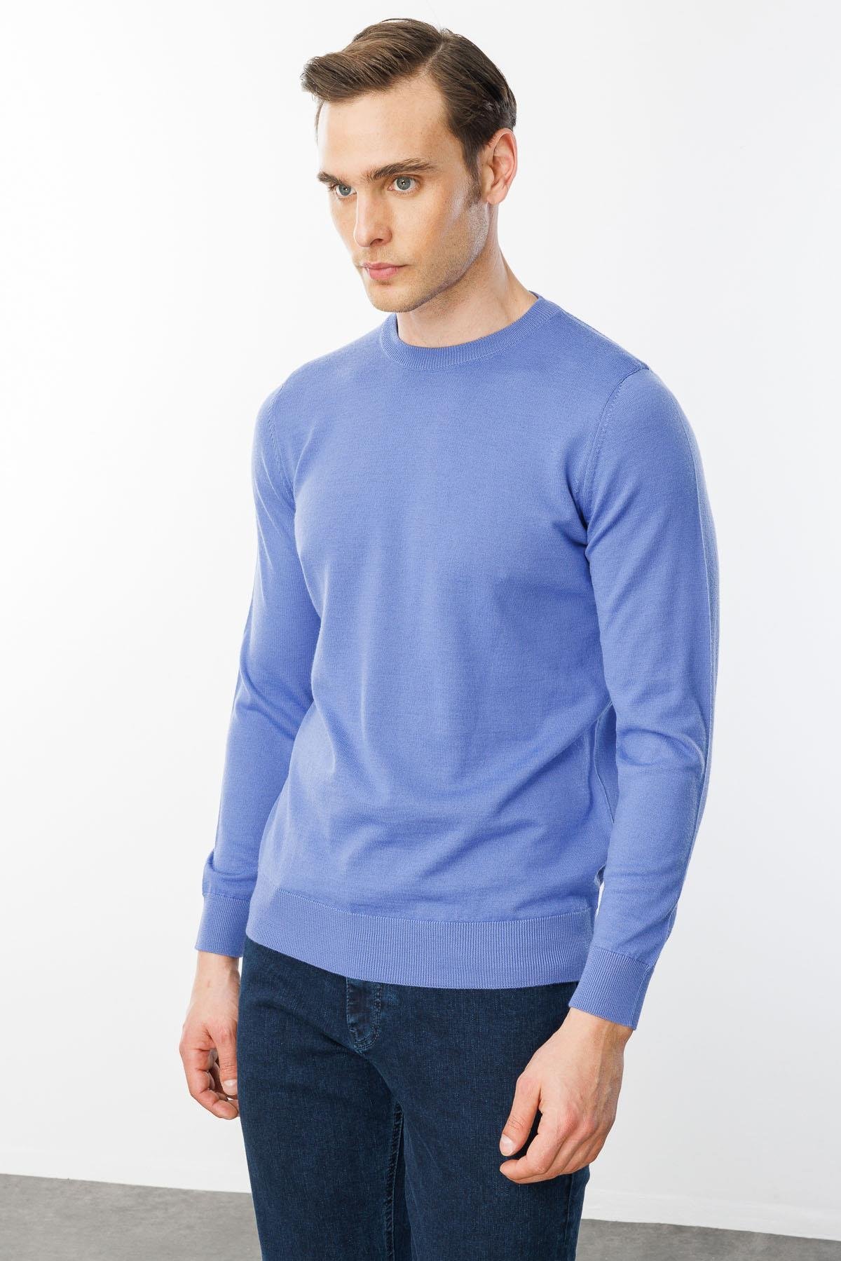 21603Erkek Basic Sıfır Yaka İnce Triko Kazak Eflatun
