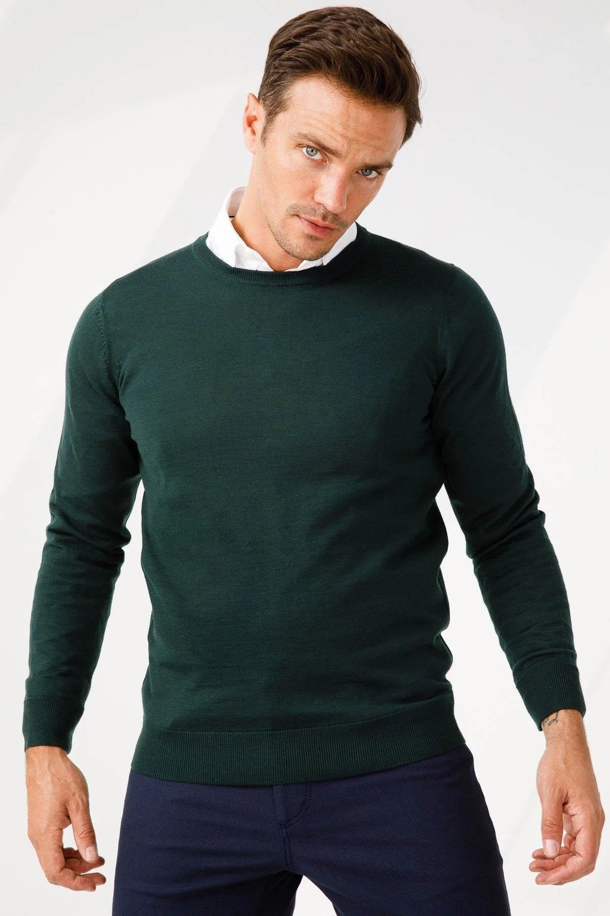 21603Erkek Basic Sıfır Yaka İnce Triko Kazak Yeşil