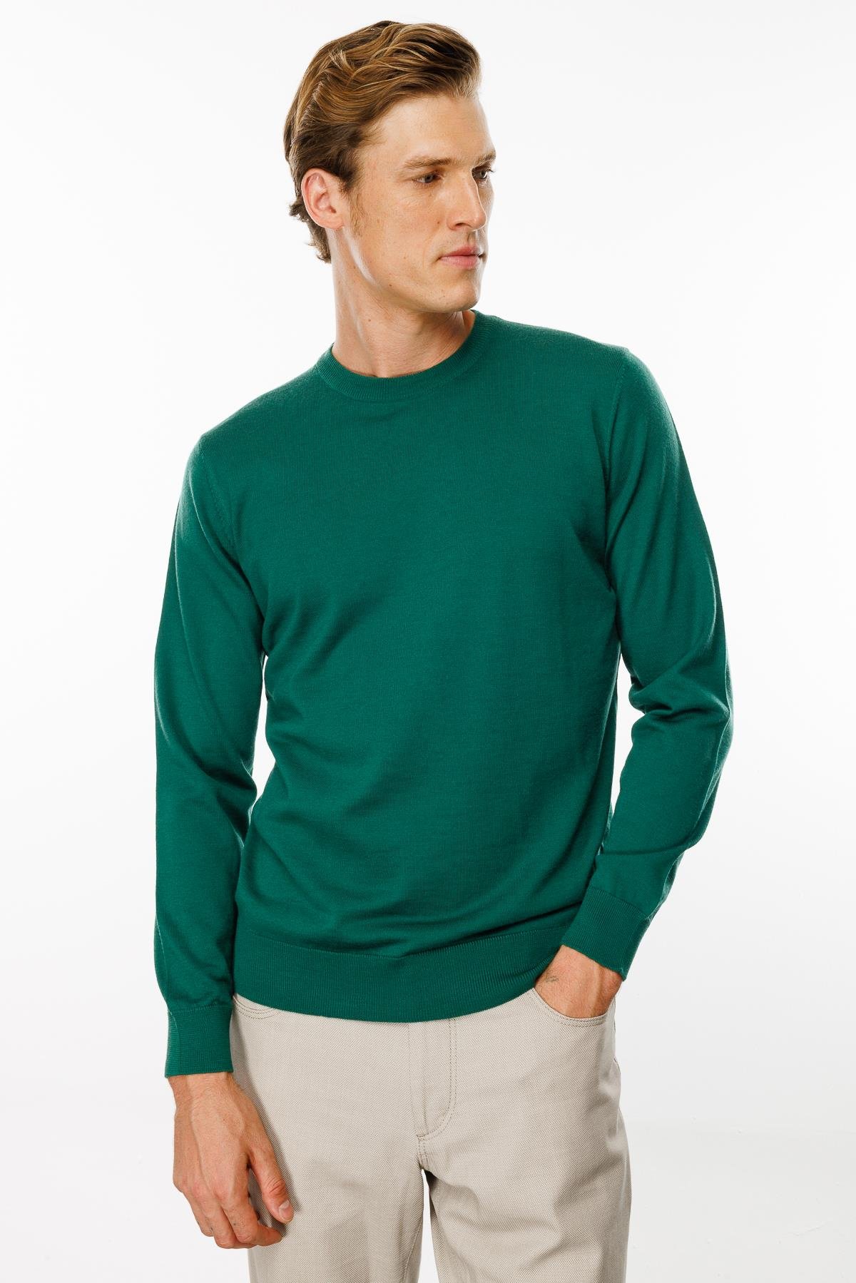 21603Erkek Basic Sıfır Yaka İnce Triko Kazak Ördek Yeşil