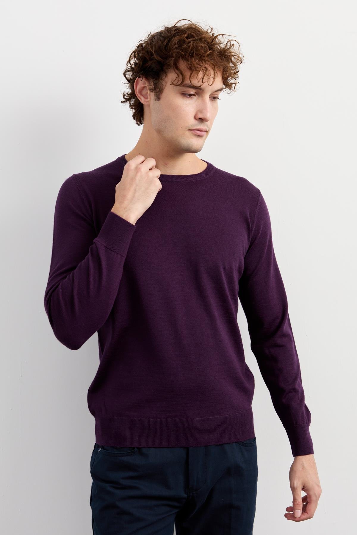 21603Erkek Basic Sıfır Yaka İnce Triko Kazak K.Mor