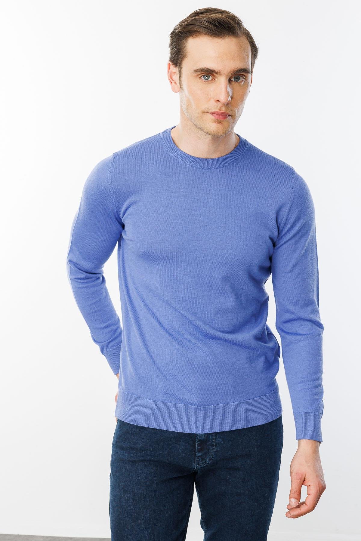 21603Erkek Basic Sıfır Yaka İnce Triko Kazak Eflatun