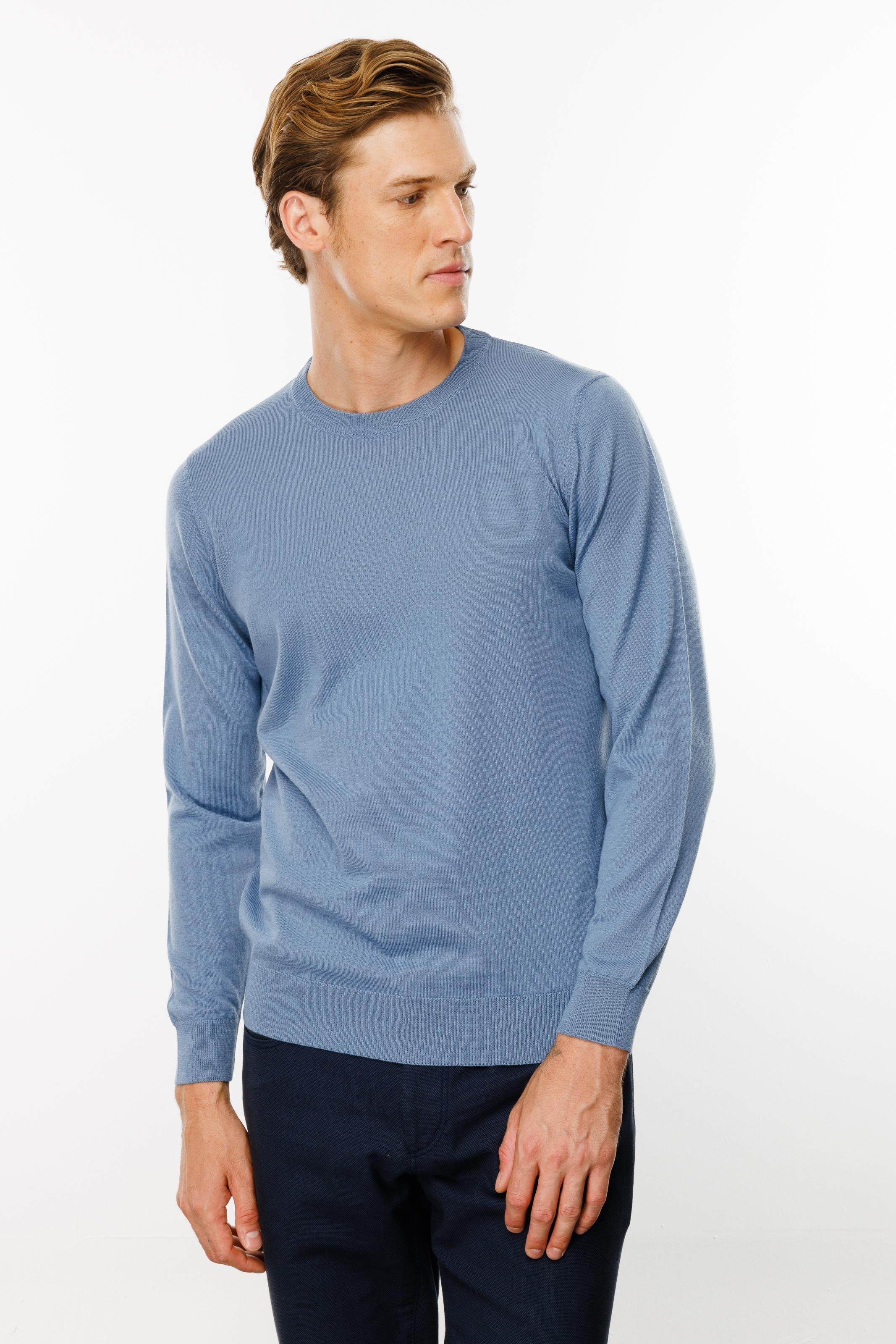 21603Erkek Basic Sıfır Yaka İnce Triko Kazak H.Mavi