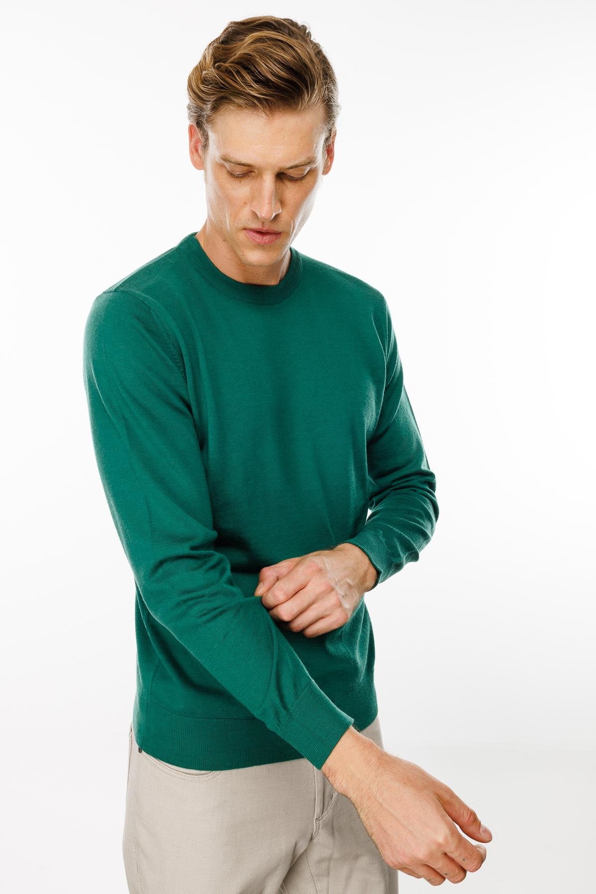 21603Erkek Basic Sıfır Yaka İnce Triko Kazak Ördek Yeşil