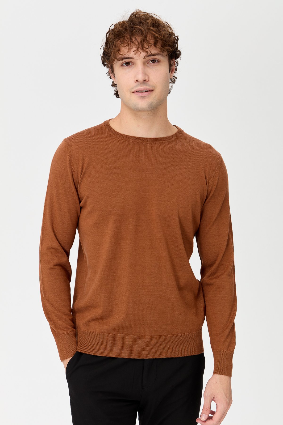 21603Erkek Basic Sıfır Yaka İnce Triko Kazak K.taba