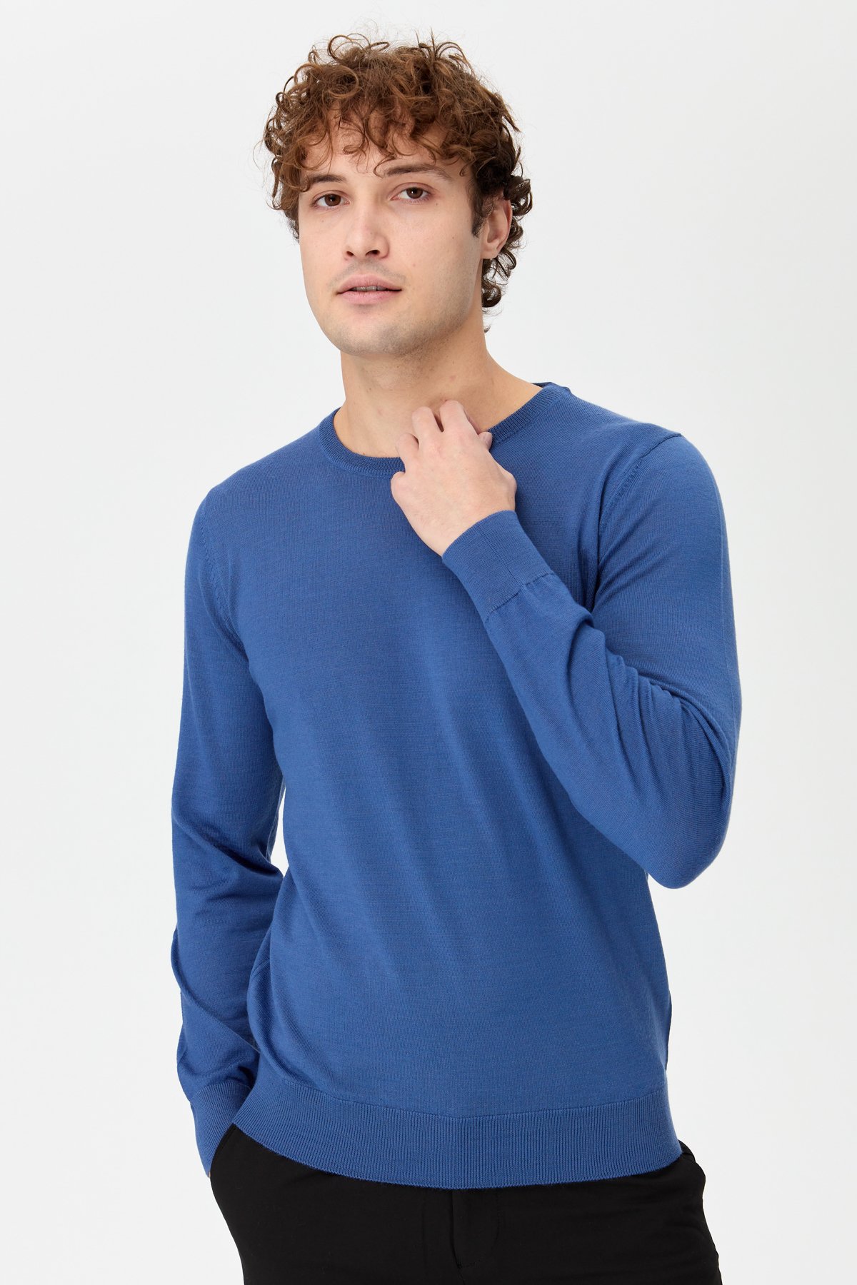 21603Erkek Basic Sıfır Yaka İnce Triko Kazak İndigo