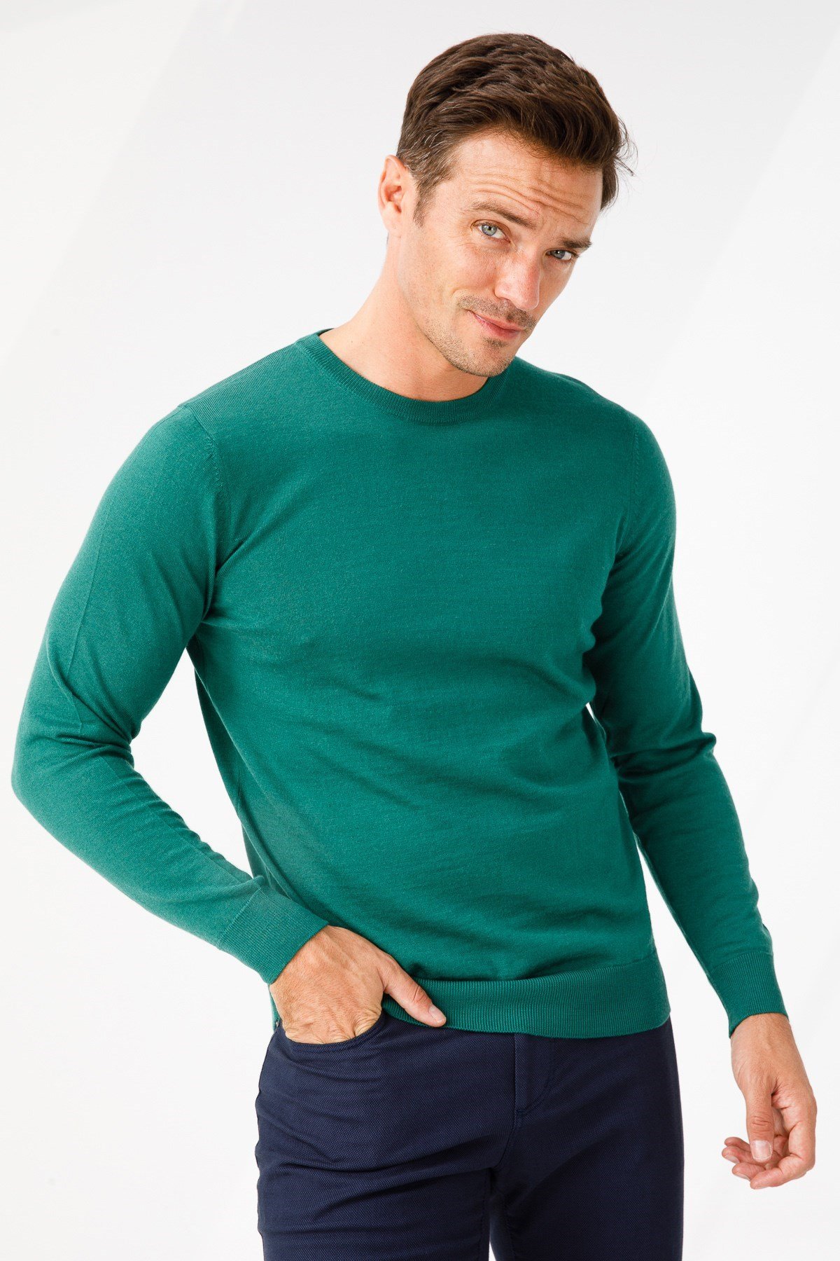 21603Erkek Basic Sıfır Yaka İnce Triko Kazak Ördek Yeşil
