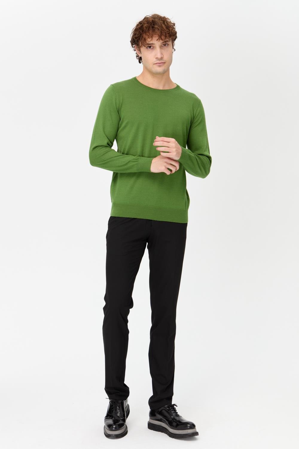 21603Erkek Basic Sıfır Yaka İnce Triko Kazak K.Yosun