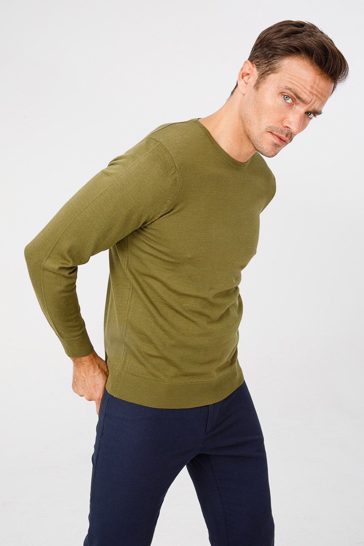 21603Erkek Basıc Sıfıryaka İnce Triko Kazak Haki