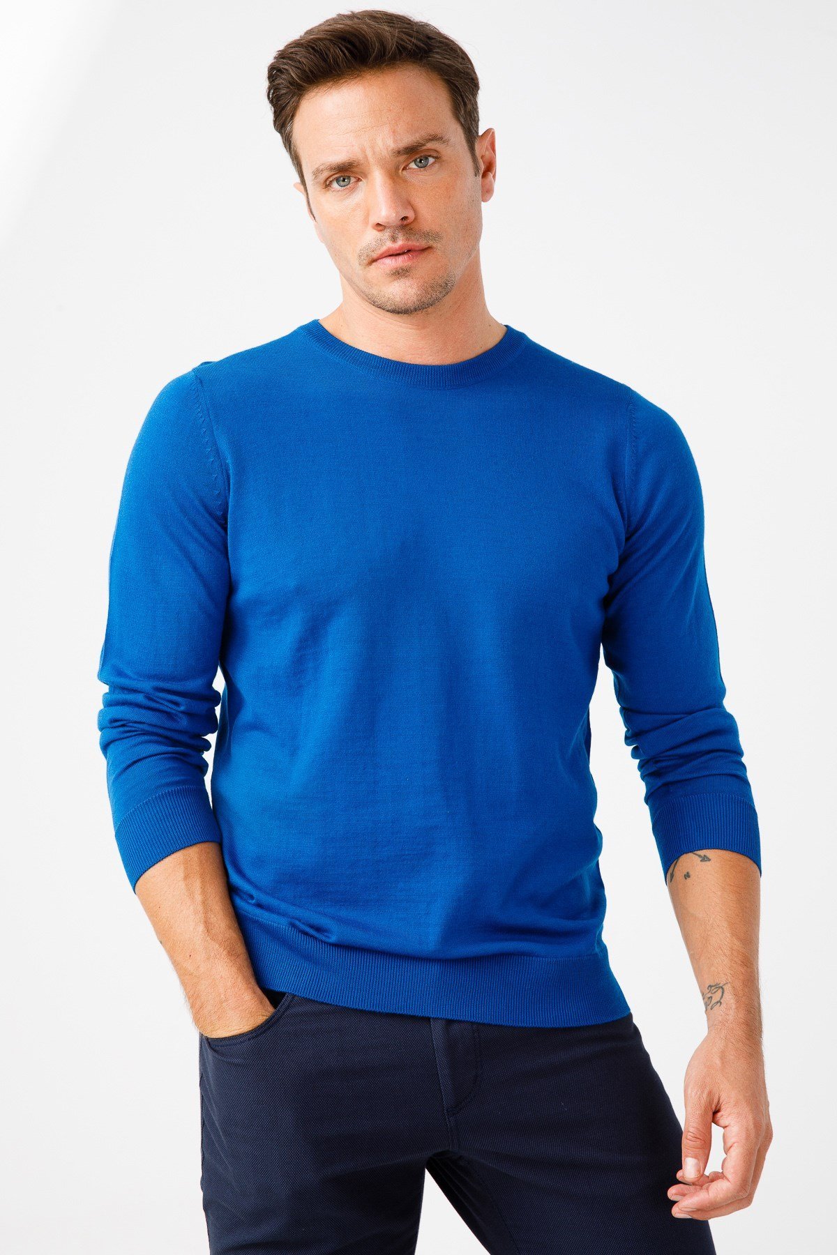 21603Erkek Basıc Sıfıryaka İnce Triko Kazak Saks